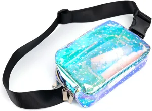 Holographic 80s 90S Rave Stars Neon Transparent Gravel Fanny Pack for Women - Great Waist Pack for Games, Concerts, Rave, Festival, Travel