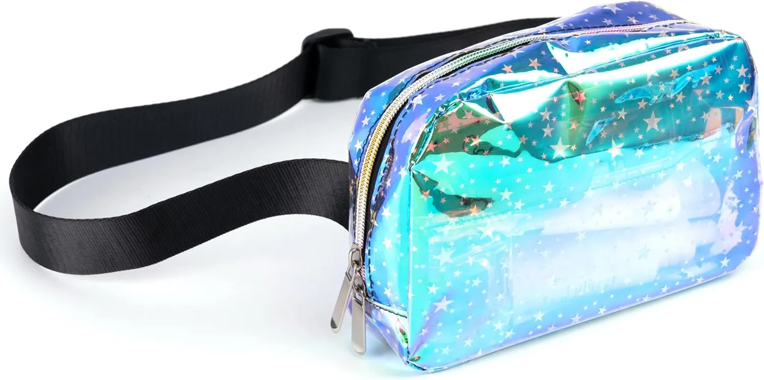 Holographic 80s 90S Rave Stars Neon Transparent Gravel Fanny Pack for Women - Great Waist Pack for Games, Concerts, Rave, Festival, Travel