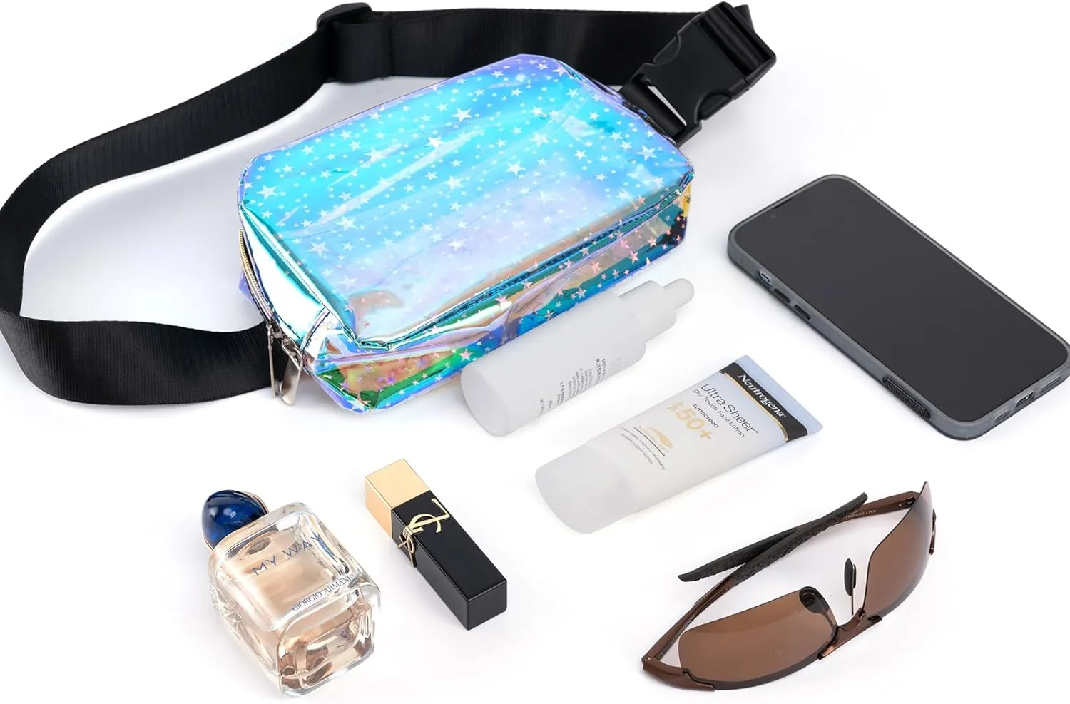 Holographic 80s 90S Rave Stars Neon Transparent Gravel Fanny Pack for Women - Great Waist Pack for Games, Concerts, Rave, Festival, Travel
