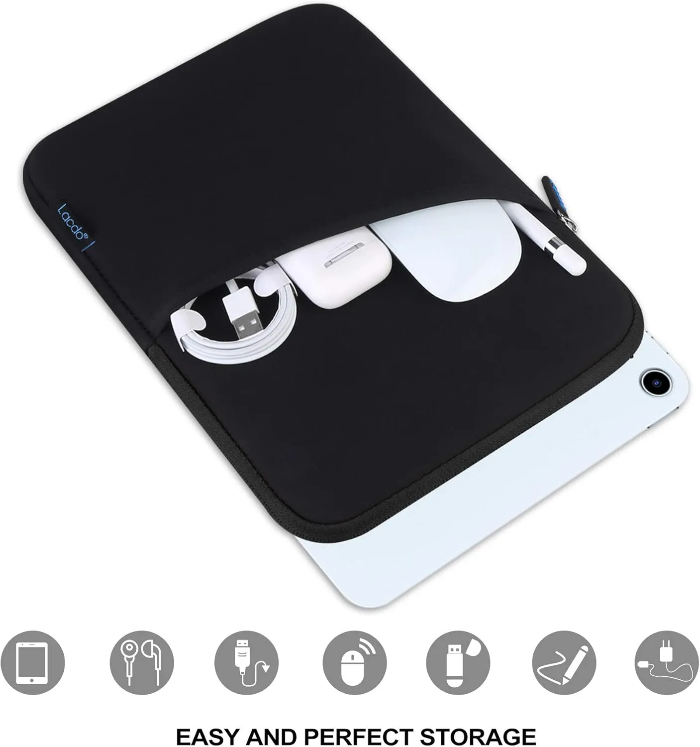 iPad Mini 7 Sleeve, iPad Mini Case Bag, Lacdo Shockproof Tablet Sleeve Case for iPad Mini 7,6,5,4,3,2 / Samsung Galaxy Tab A7 Lite 8.7" / Tab A 8.0" Protective iPad mini sleeve Tablet Bag, Black/Black
