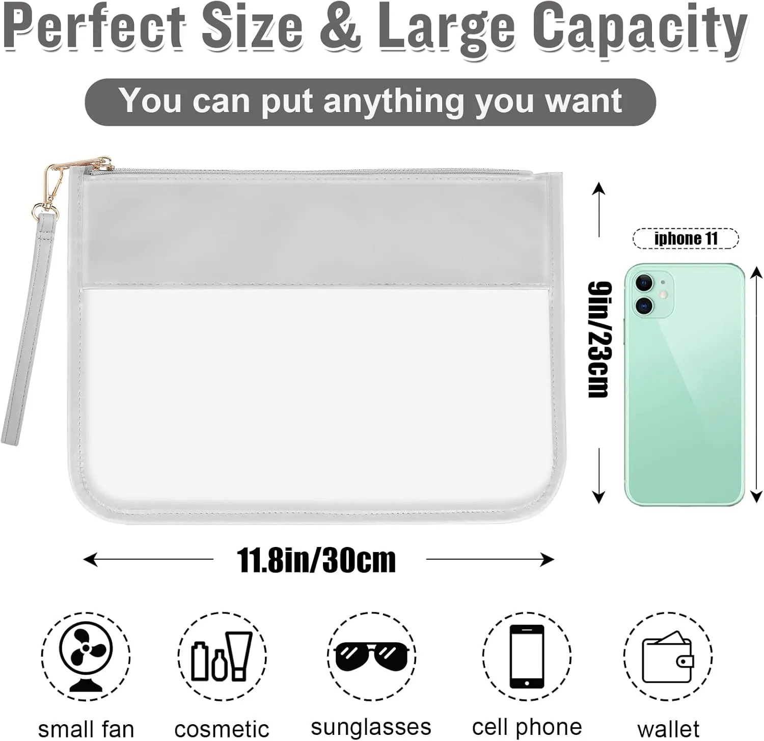 IzuztA PVC Flat Pouch - PU Travel Makeup Bag with Wristlet, DIY Chenille Letter Bag - Waterproof Portable Clear Travel Toiletry Bag for Women & Girls (Grey)
