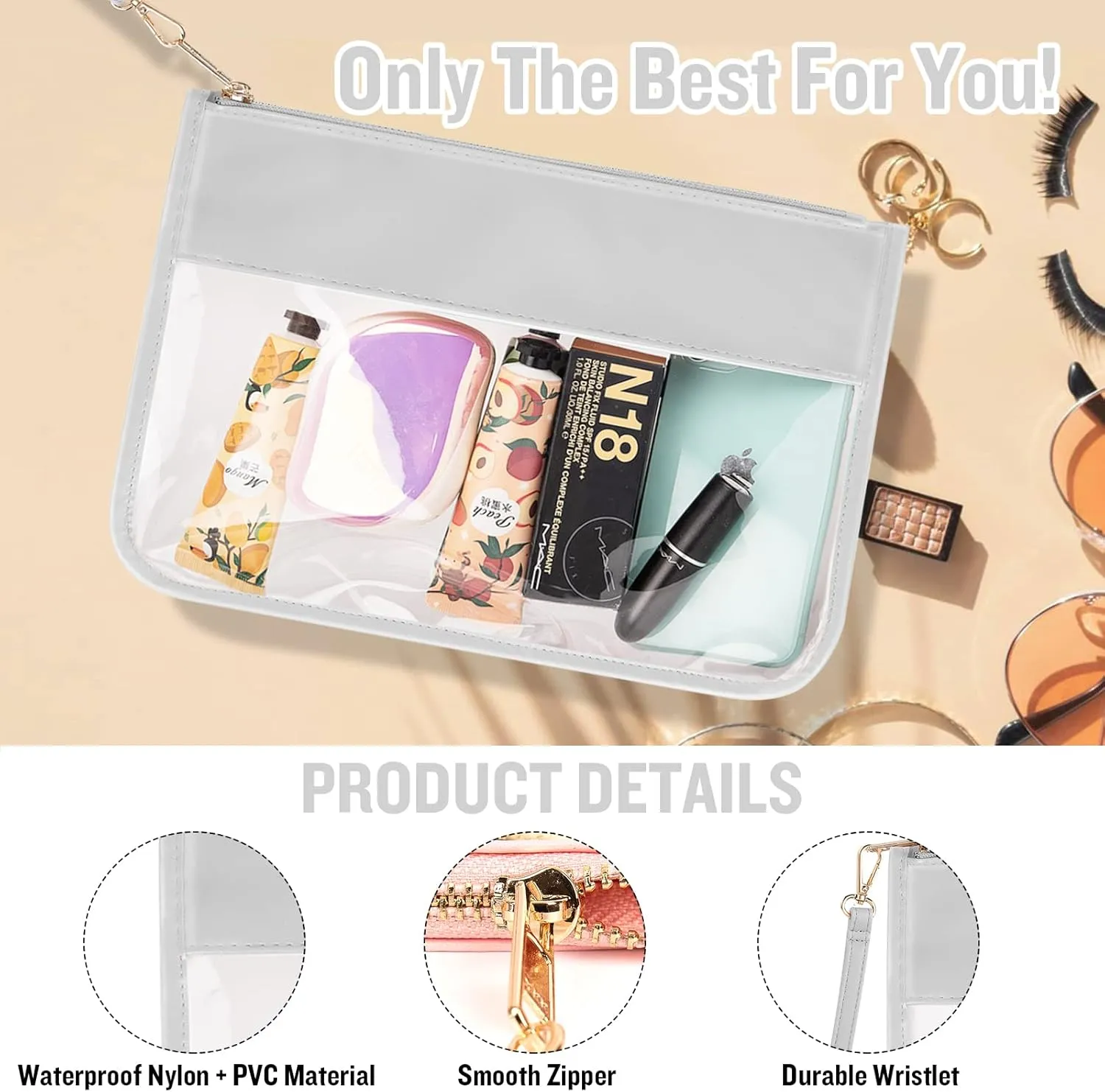 IzuztA PVC Flat Pouch - PU Travel Makeup Bag with Wristlet, DIY Chenille Letter Bag - Waterproof Portable Clear Travel Toiletry Bag for Women & Girls (Grey)
