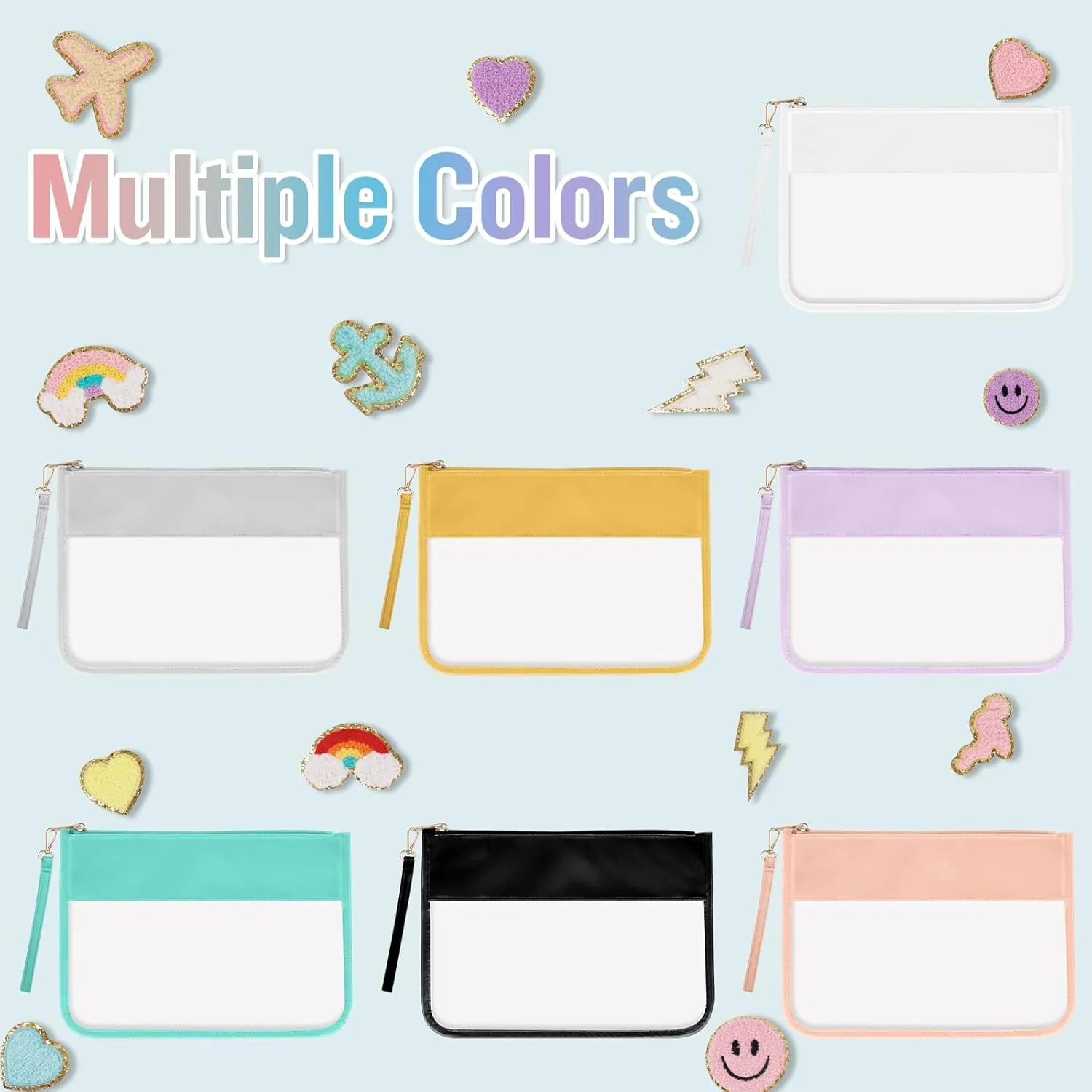 IzuztA PVC Flat Pouch - PU Travel Makeup Bag with Wristlet, DIY Chenille Letter Bag - Waterproof Portable Clear Travel Toiletry Bag for Women & Girls (Grey)
