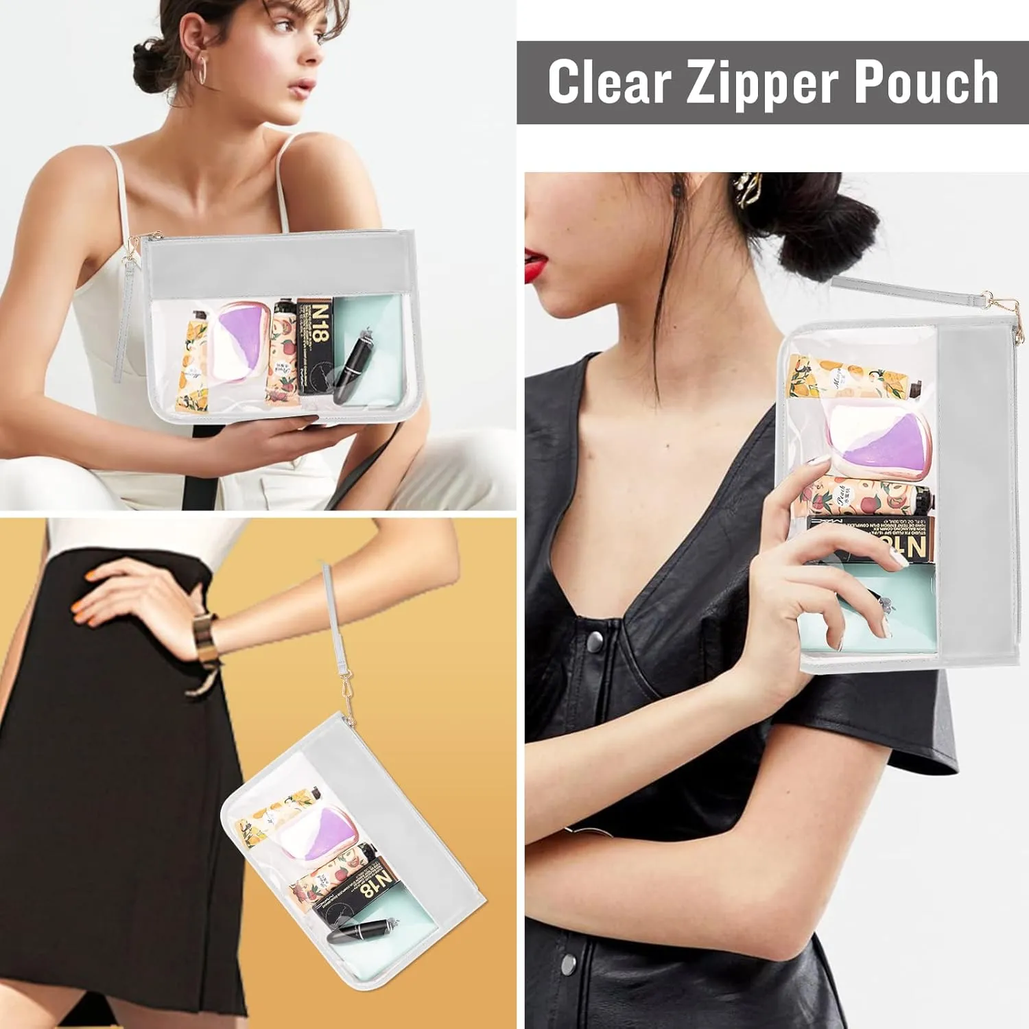 IzuztA PVC Flat Pouch - PU Travel Makeup Bag with Wristlet, DIY Chenille Letter Bag - Waterproof Portable Clear Travel Toiletry Bag for Women & Girls (Grey)