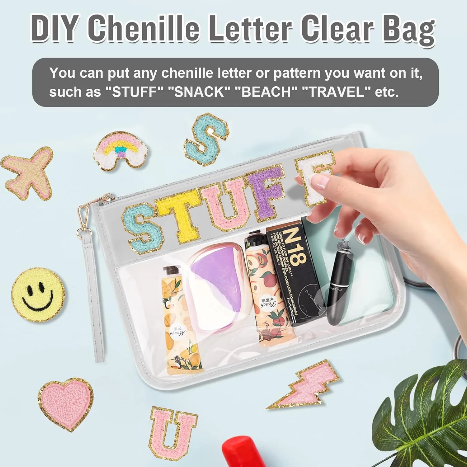 IzuztA PVC Flat Pouch - PU Travel Makeup Bag with Wristlet, DIY Chenille Letter Bag - Waterproof Portable Clear Travel Toiletry Bag for Women & Girls (Grey)