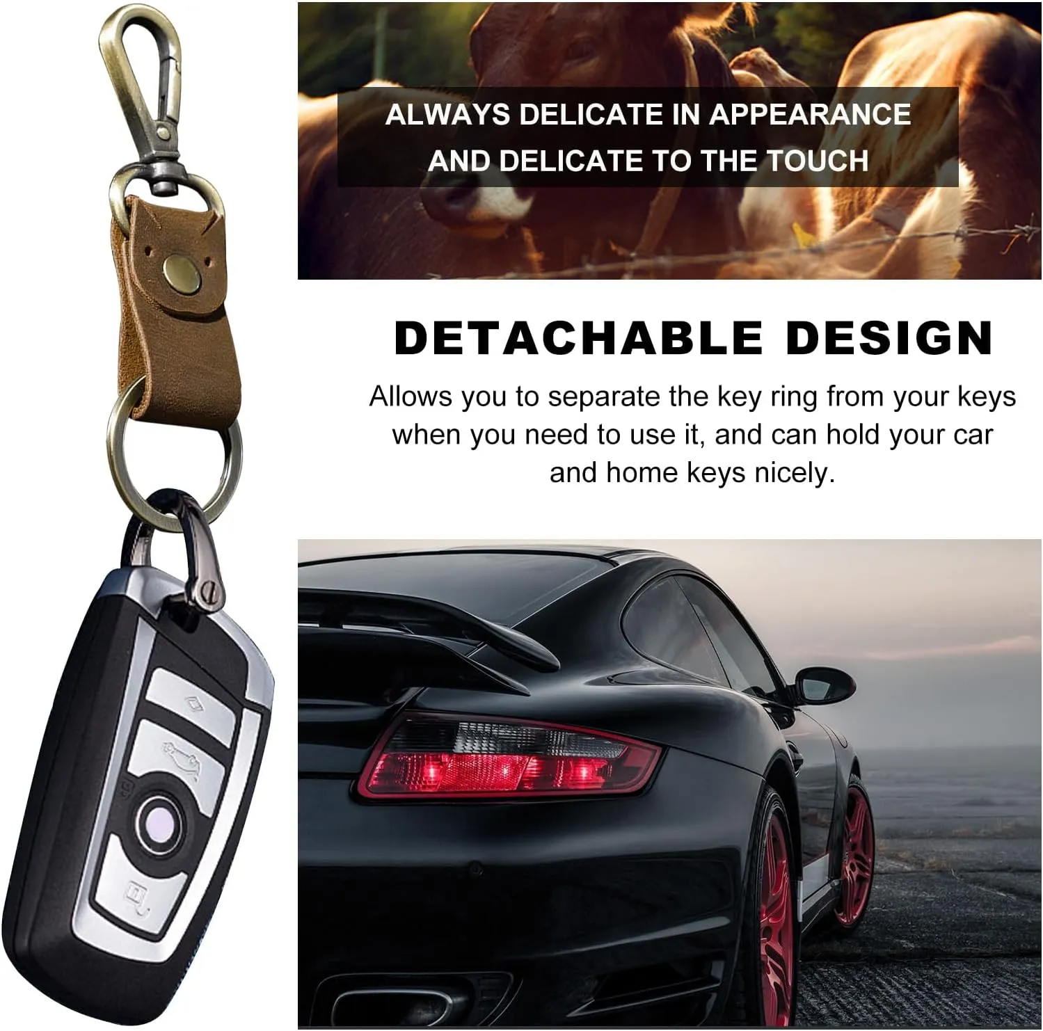 Leather Keychain, Key Chain with Leather Belt & Metal Ring, Durable Leather Key Ring for Men, Car Accessories (Coffee)