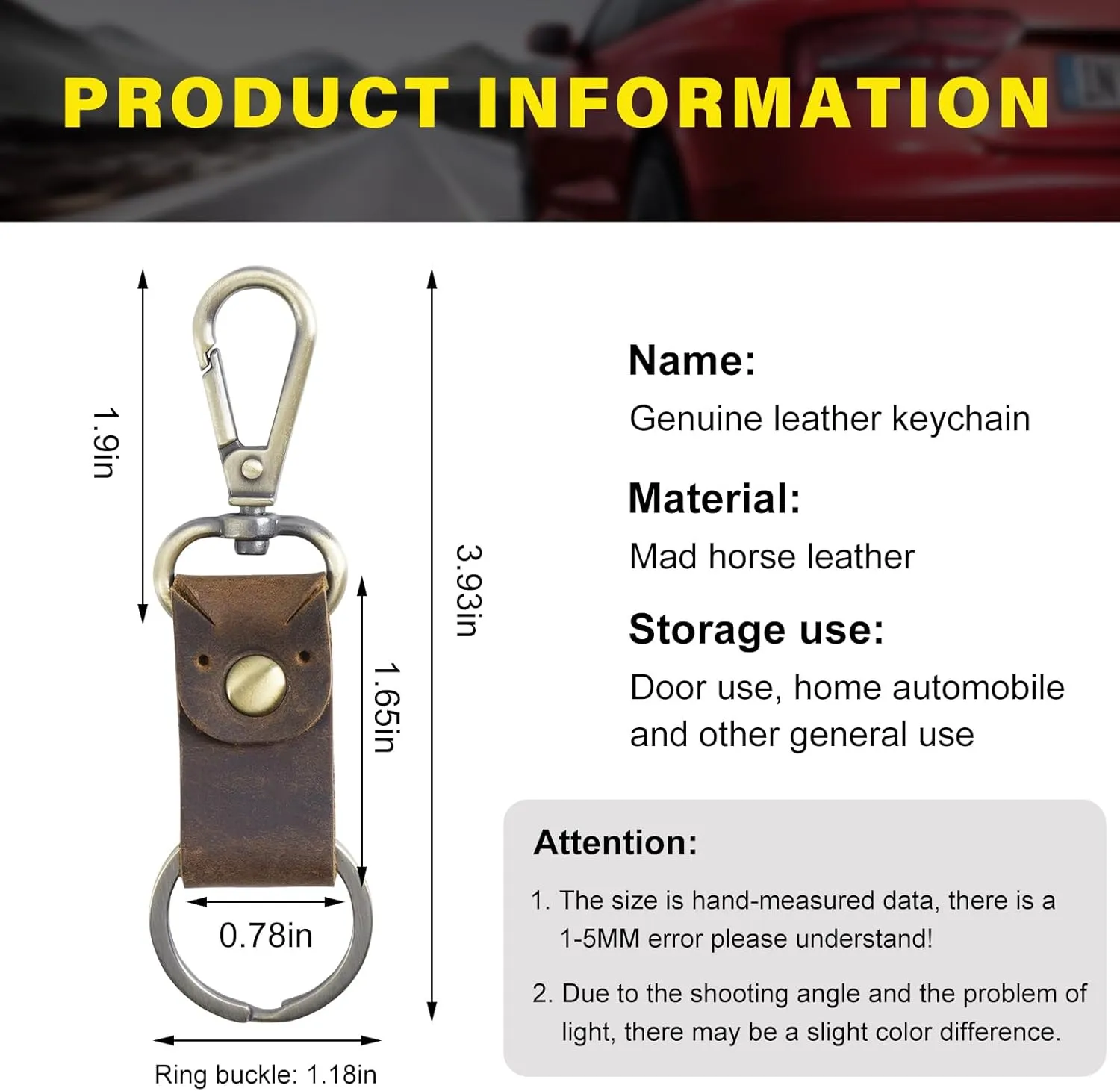 Leather Keychain, Key Chain with Leather Belt & Metal Ring, Durable Leather Key Ring for Men, Car Accessories (Coffee)