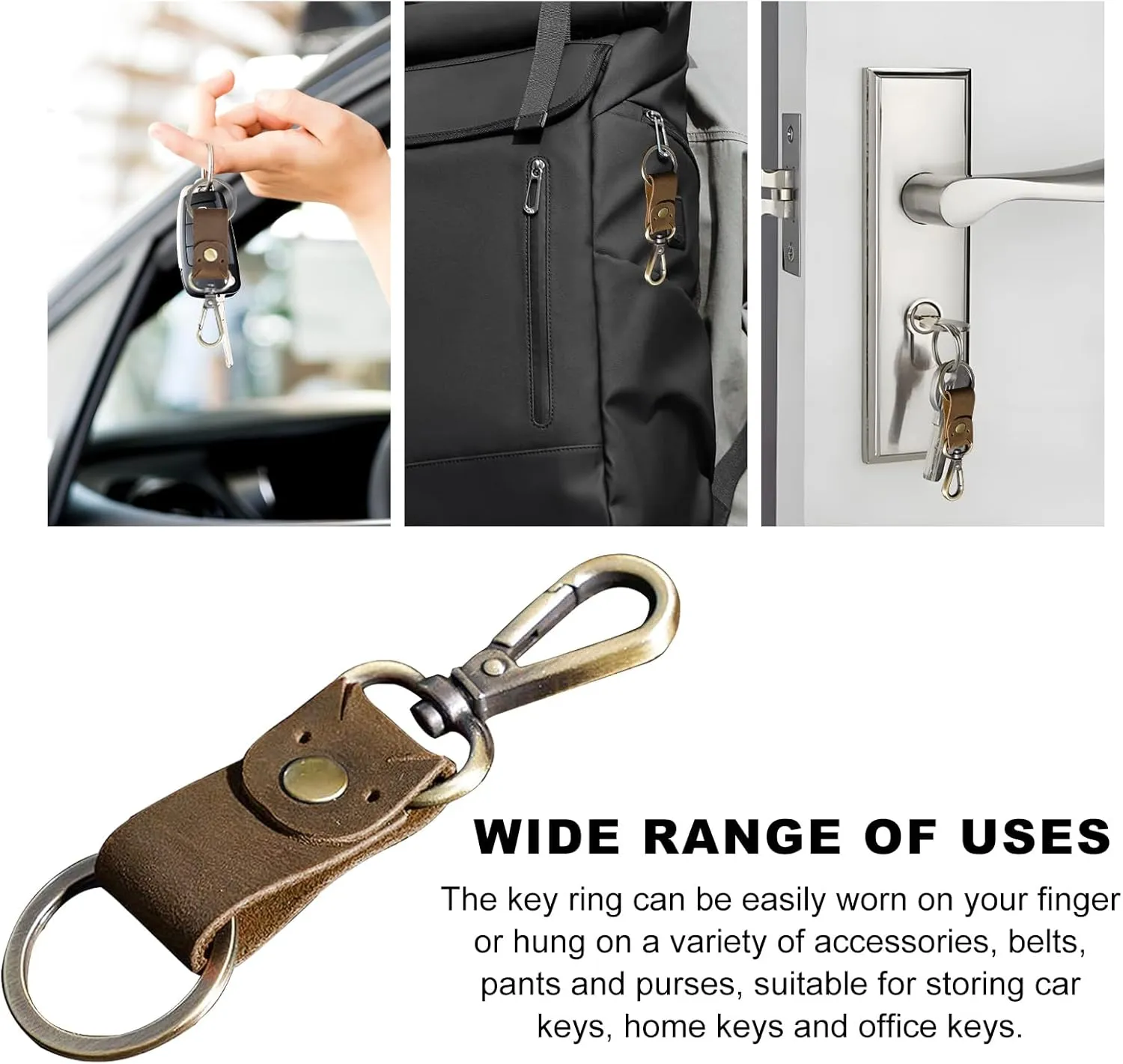 Leather Keychain, Key Chain with Leather Belt & Metal Ring, Durable Leather Key Ring for Men, Car Accessories (Coffee)