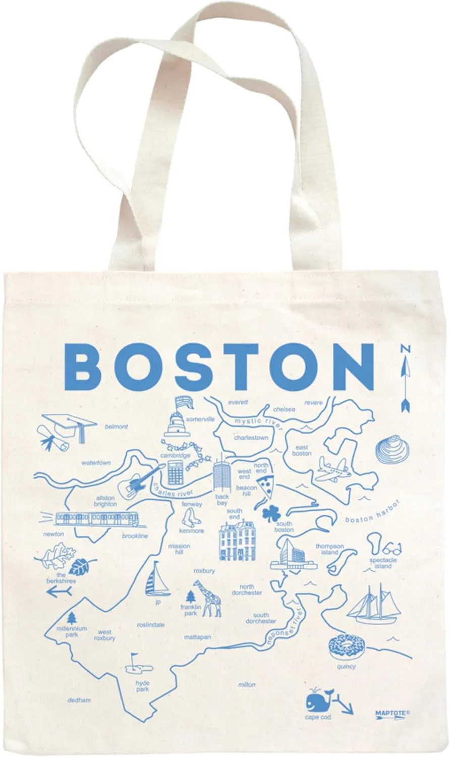 MAPTOTE Grocery Canvas Tote - Reusable Cotton Canvas Bag for Shopping, Daily Errands, Beach Trips and Travel - Screenprinted, Earth Friendly, and Made in USA - Map Style, Boston