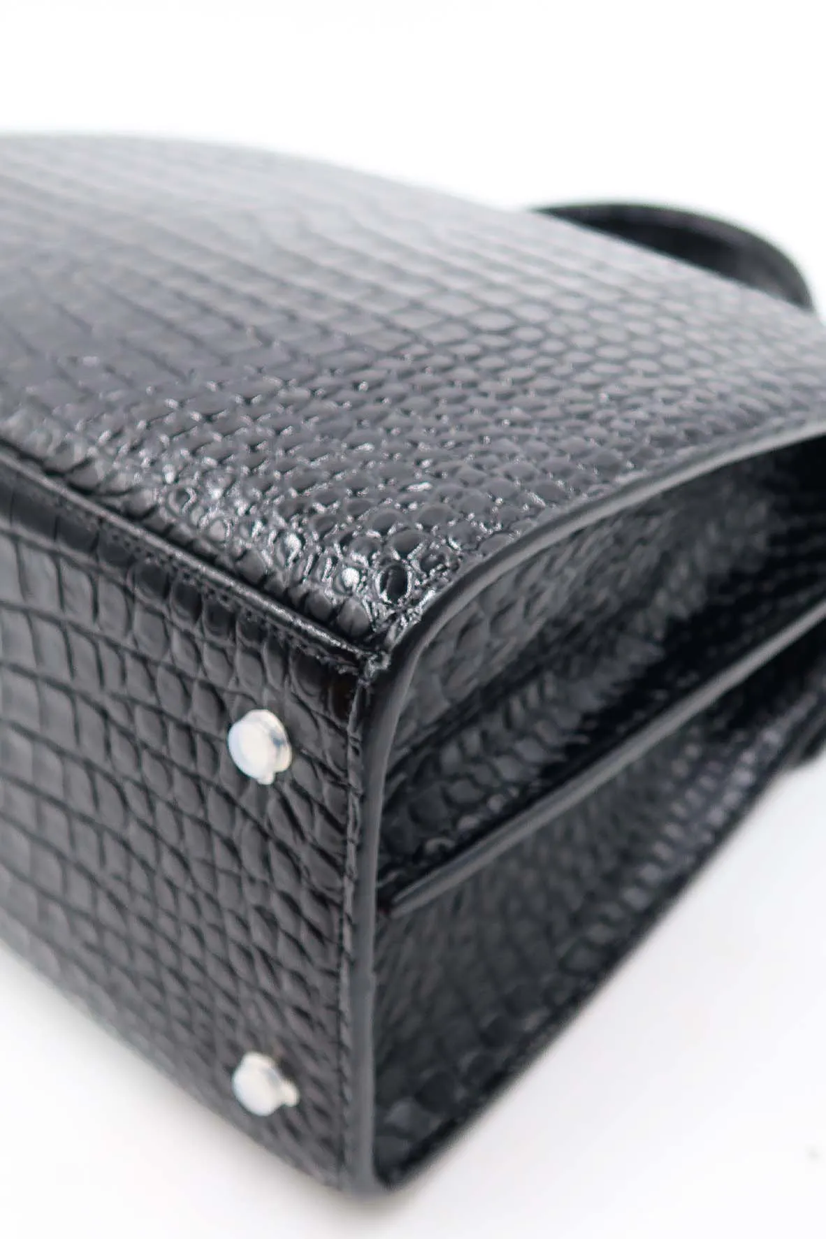 Medium Cassandra Top Handle Bag Crocodile Embossed Black