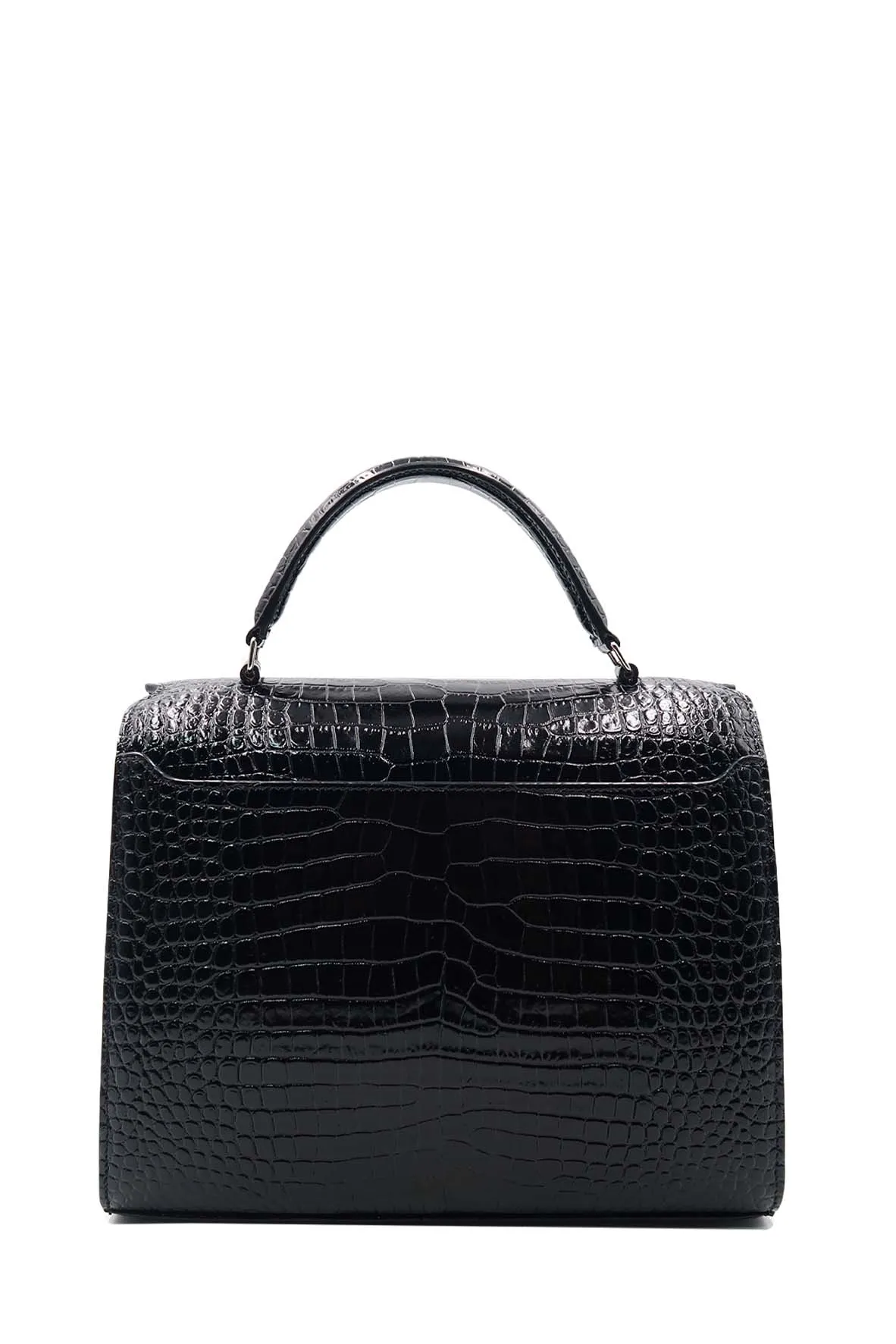Medium Cassandra Top Handle Bag Crocodile Embossed Black