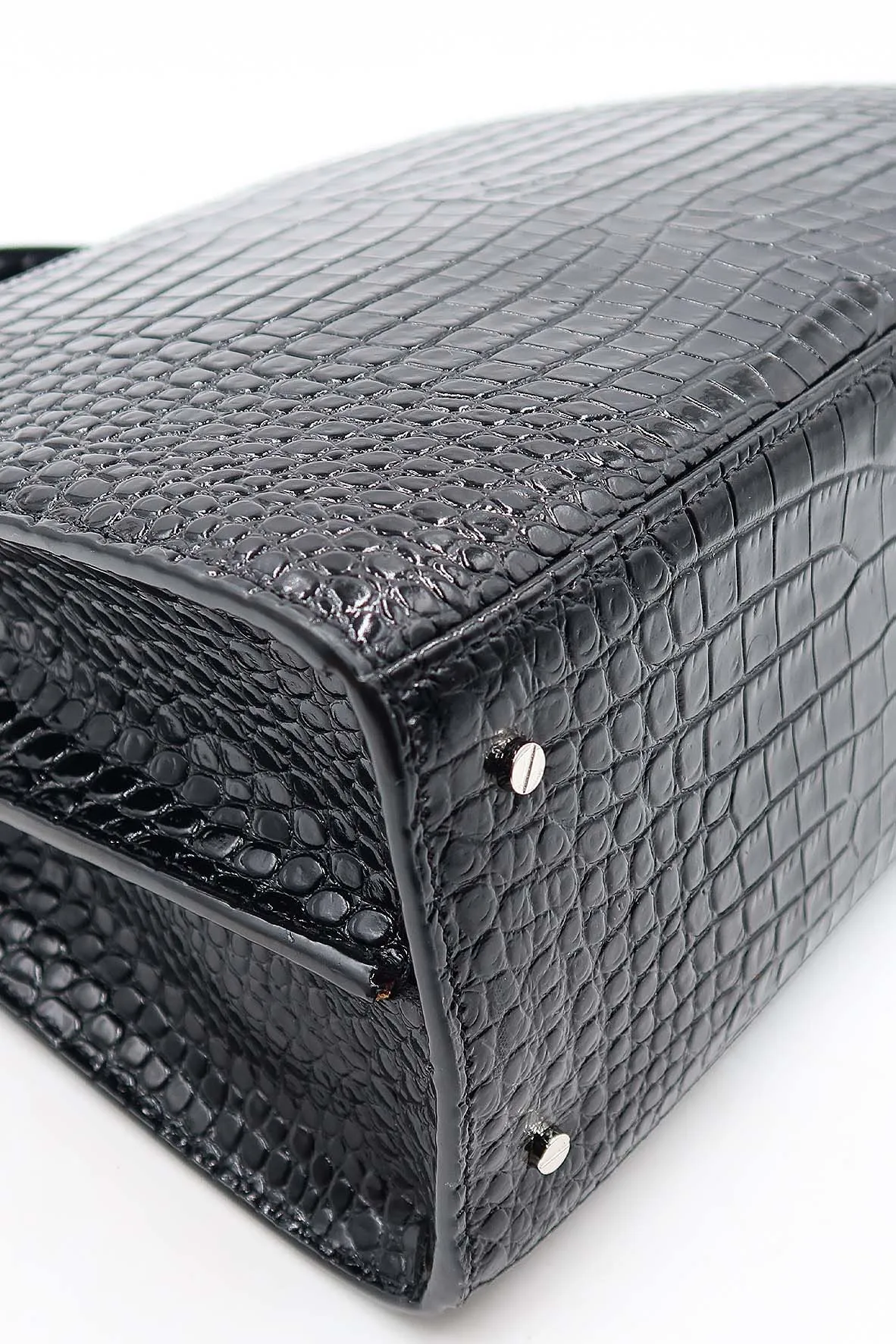 Medium Cassandra Top Handle Bag Crocodile Embossed Black