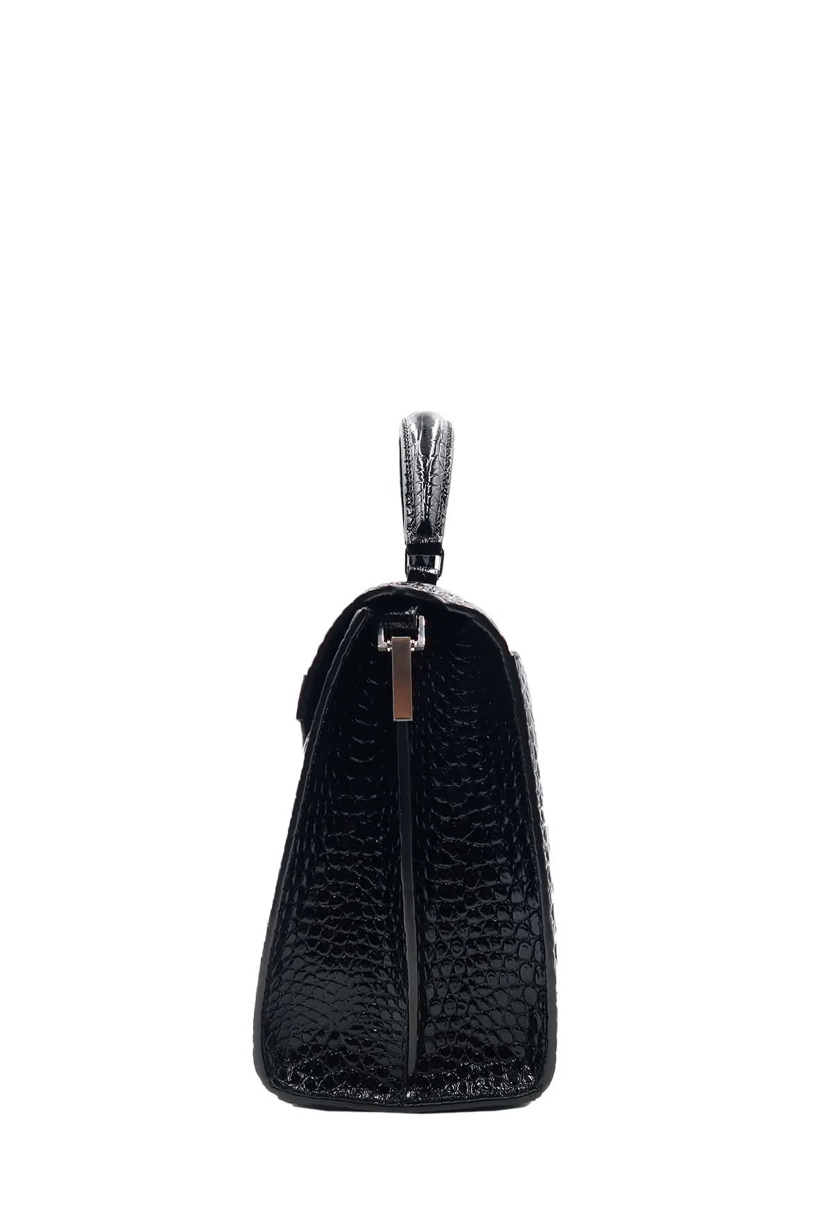 Medium Cassandra Top Handle Bag Crocodile Embossed Black