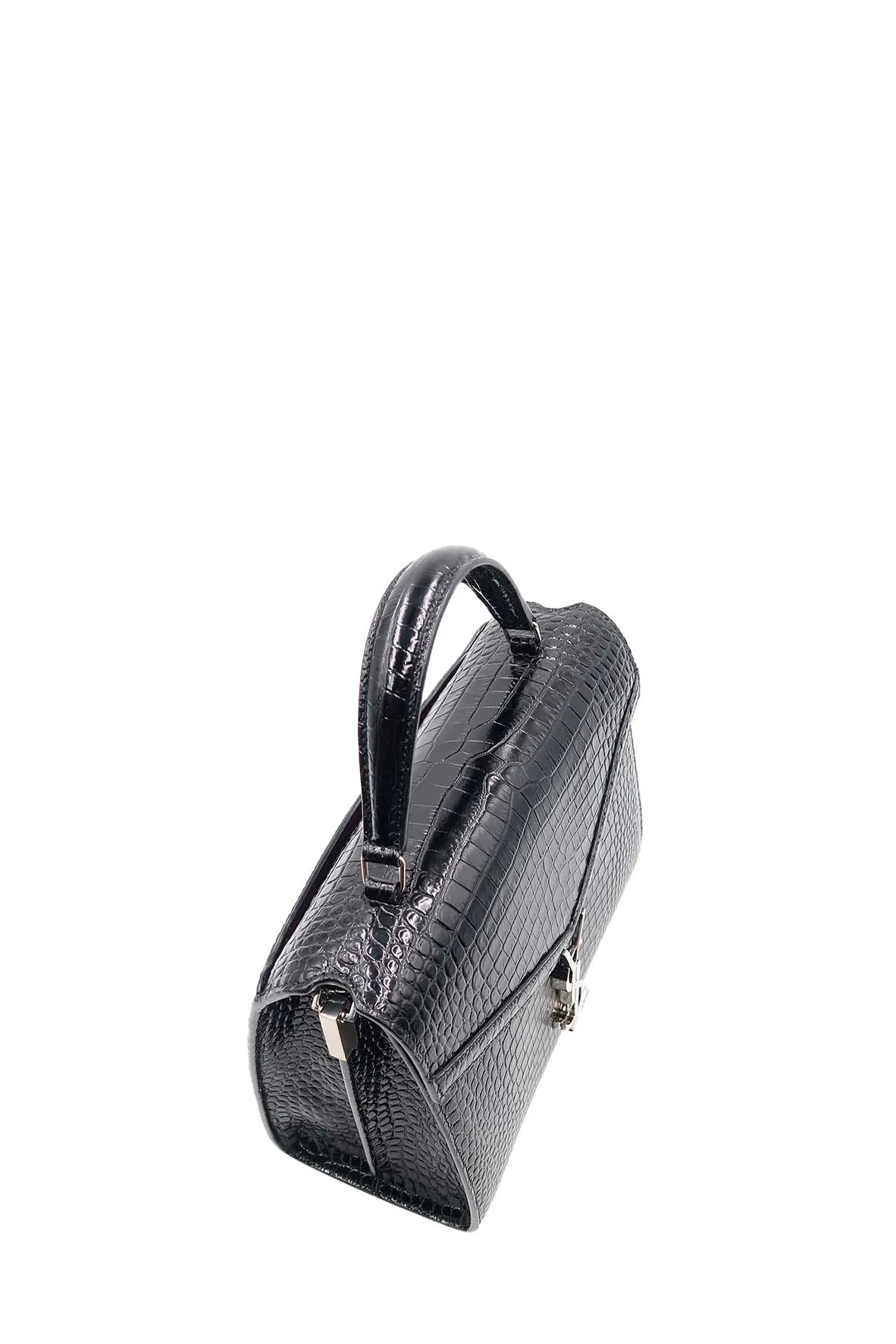 Medium Cassandra Top Handle Bag Crocodile Embossed Black