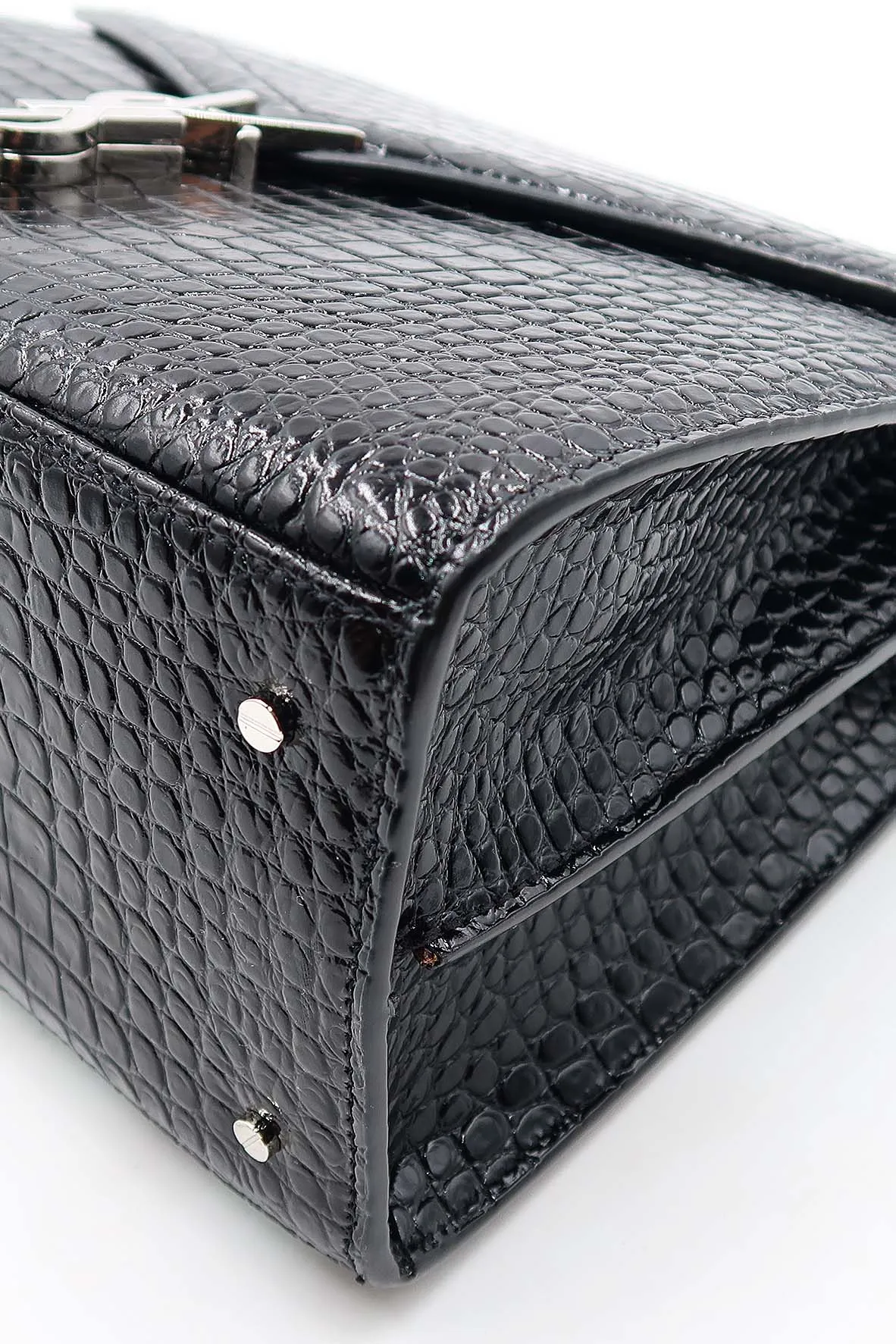 Medium Cassandra Top Handle Bag Crocodile Embossed Black