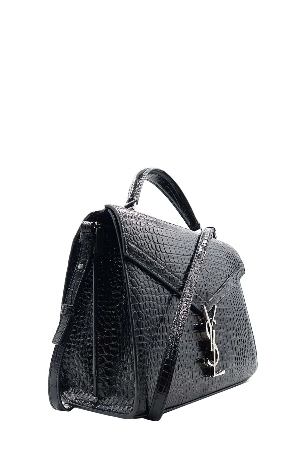 Medium Cassandra Top Handle Bag Crocodile Embossed Black