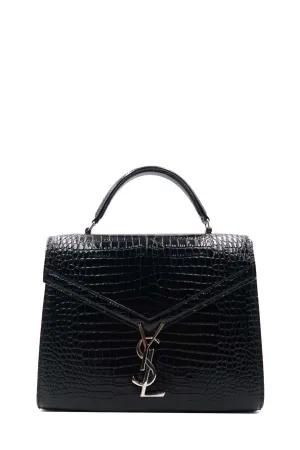 Medium Cassandra Top Handle Bag Crocodile Embossed Black