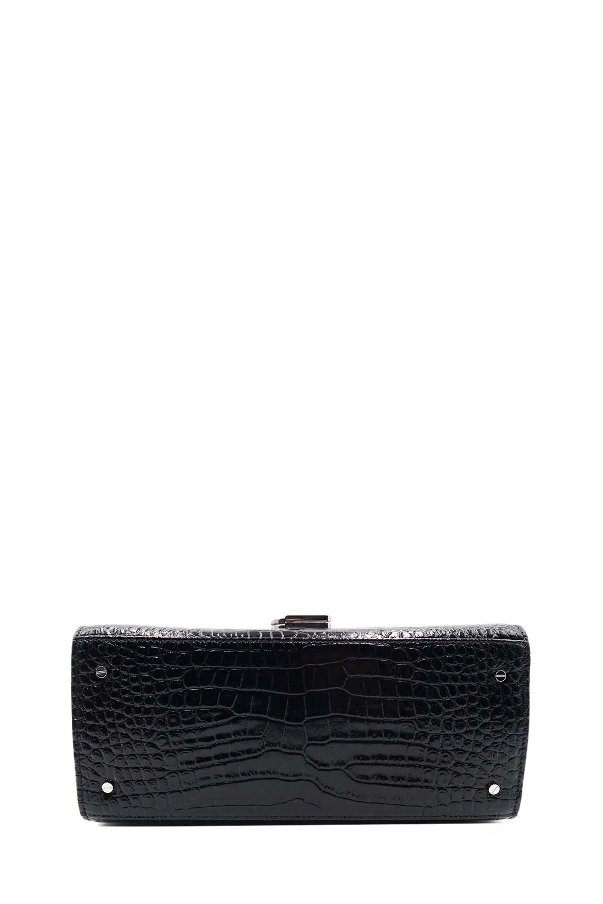 Medium Cassandra Top Handle Bag Crocodile Embossed Black