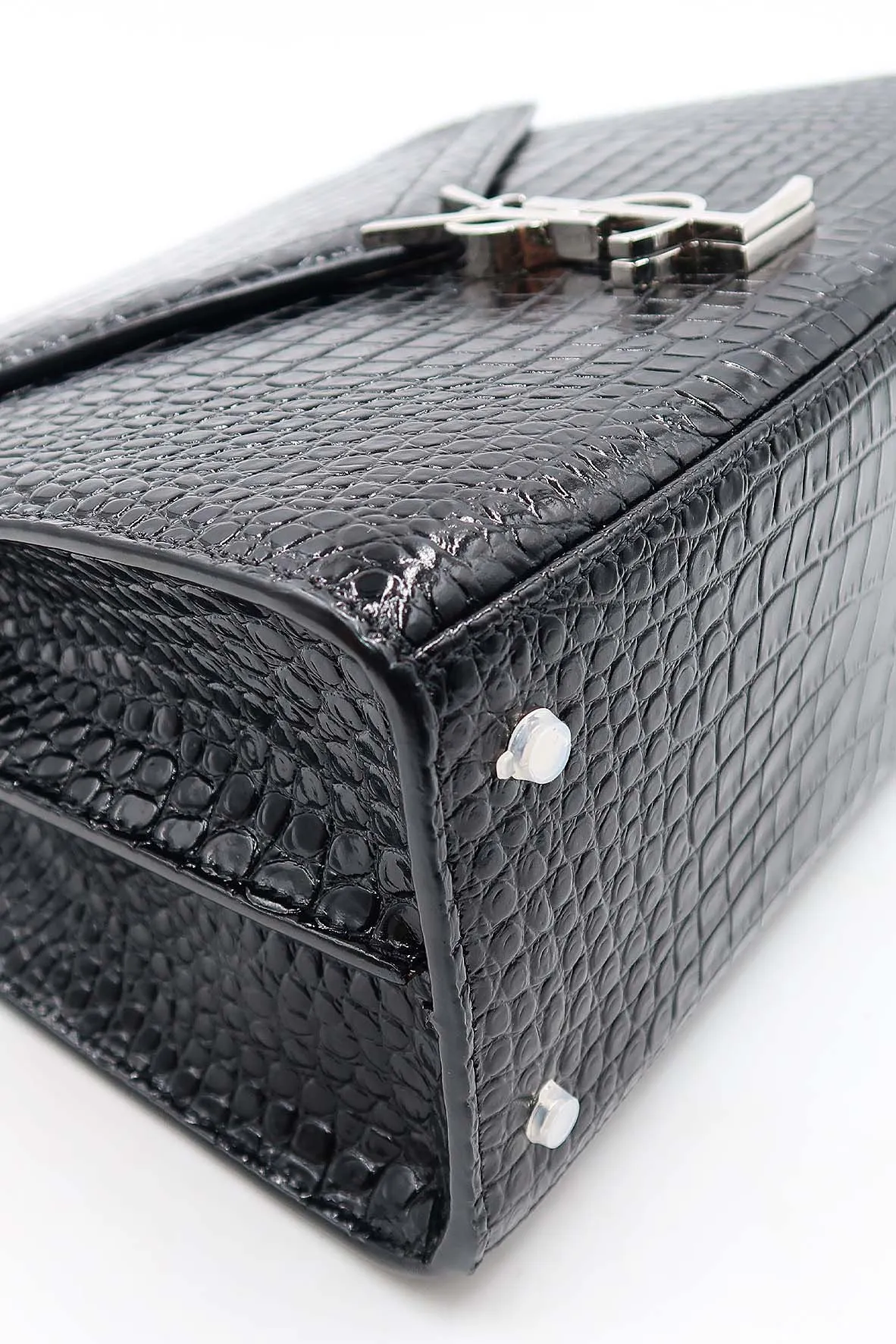 Medium Cassandra Top Handle Bag Crocodile Embossed Black