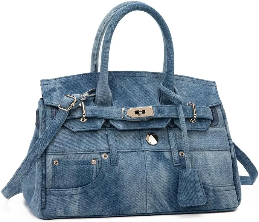 New Classic Denim Blue Jeans Pants Purse, Trendy Satchel Handbag For Women, Ladies Designer Tote Bags Office Handbag