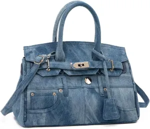 New Classic Denim Blue Jeans Pants Purse, Trendy Satchel Handbag For Women, Ladies Designer Tote Bags Office Handbag