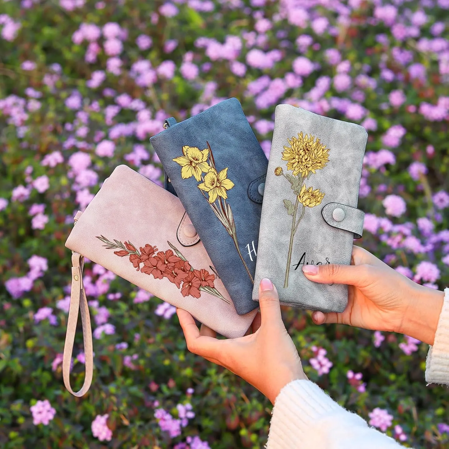 Personalized Wallet for Women Custom Birth Flower & Name Wristlet Women Wallets Leather Purse for Women Card Holder Wallet Gifts for Women Mom (Deep Blue)