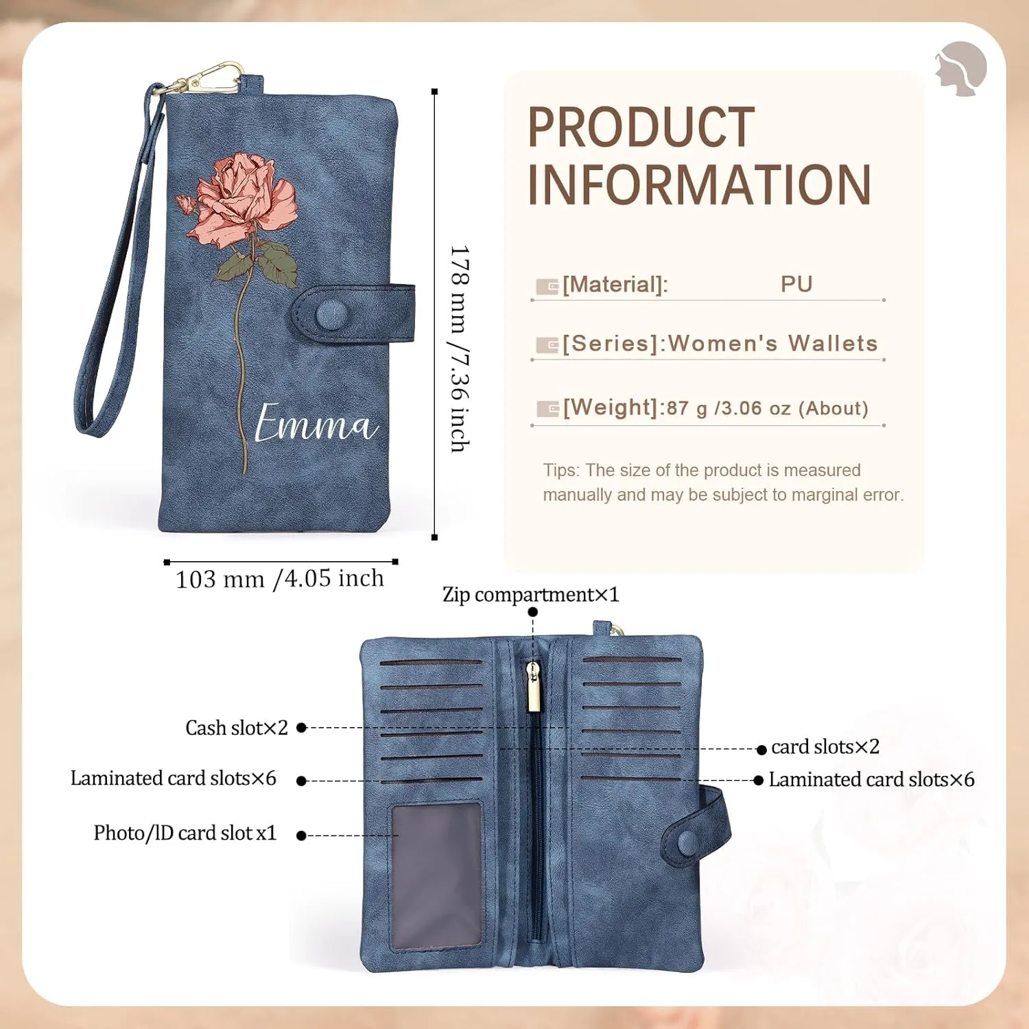 Personalized Wallet for Women Custom Birth Flower & Name Wristlet Women Wallets Leather Purse for Women Card Holder Wallet Gifts for Women Mom (Deep Blue)