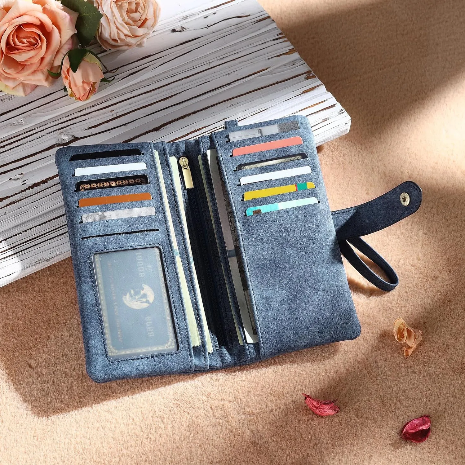 Personalized Wallet for Women Custom Birth Flower & Name Wristlet Women Wallets Leather Purse for Women Card Holder Wallet Gifts for Women Mom (Deep Blue)