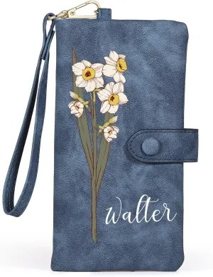 Personalized Wallet for Women Custom Birth Flower & Name Wristlet Women Wallets Leather Purse for Women Card Holder Wallet Gifts for Women Mom (Deep Blue)