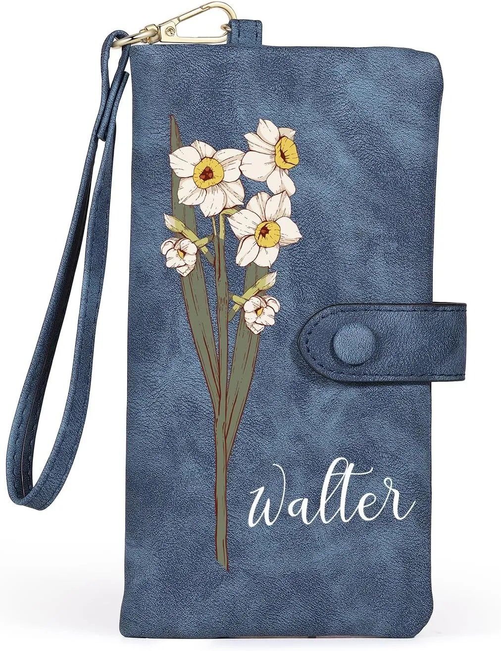 Personalized Wallet for Women Custom Birth Flower & Name Wristlet Women Wallets Leather Purse for Women Card Holder Wallet Gifts for Women Mom (Deep Blue)
