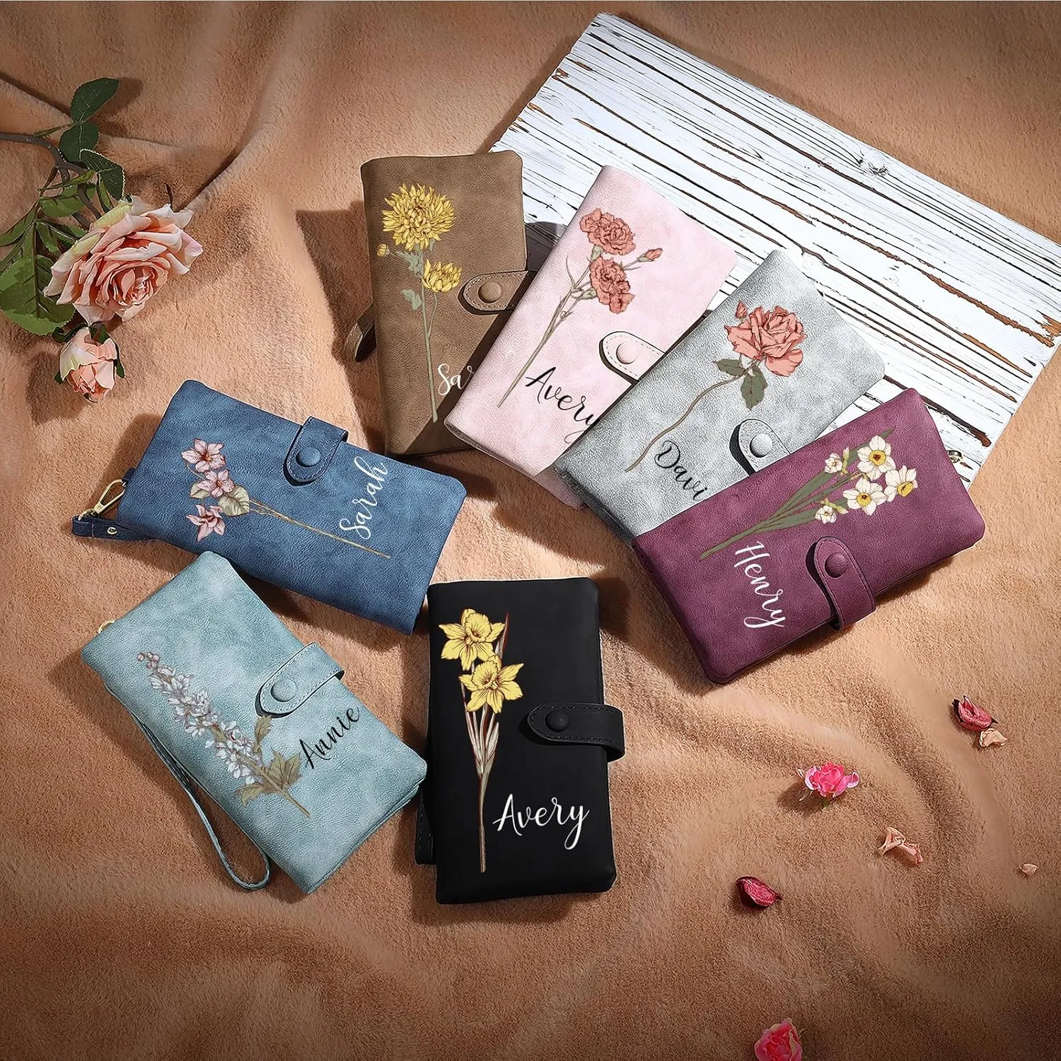 Personalized Wallet for Women Custom Birth Flower & Name Wristlet Women Wallets Leather Purse for Women Card Holder Wallet Gifts for Women Mom (Deep Blue)