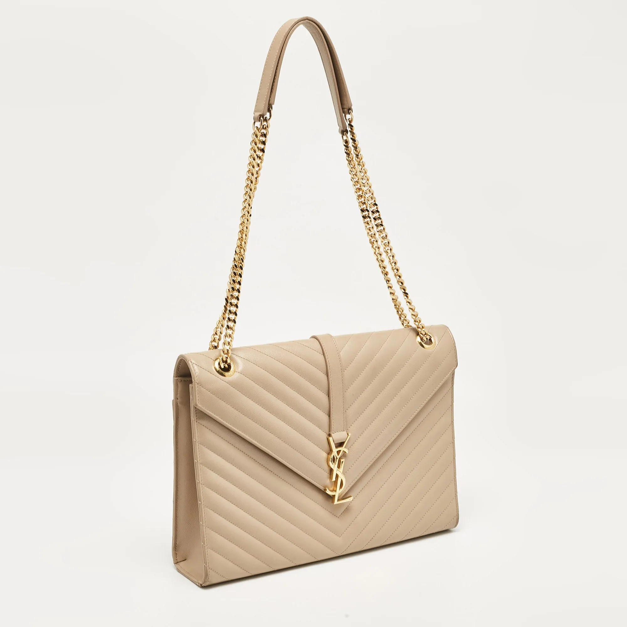 Saint Laurent Beige Chevron Leather Large Monogram Envelope Shoulder Bag