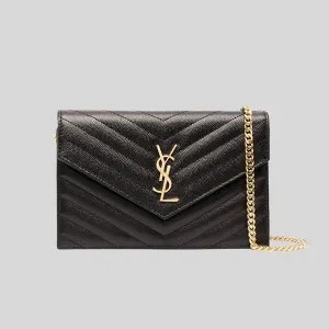 SAINT LAURENT YSL Matelasse Envelope Chain Wallet In Grain De Poudre Embossed Leather Black RS-742920BOW01