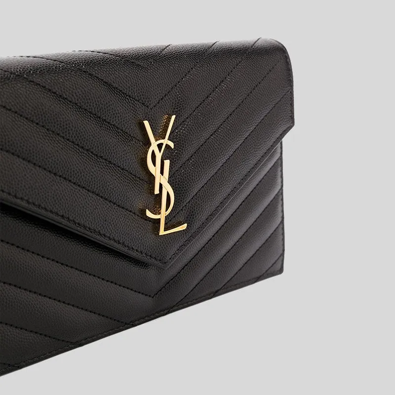 SAINT LAURENT YSL Matelasse Envelope Chain Wallet In Grain De Poudre Embossed Leather Black RS-742920BOW01
