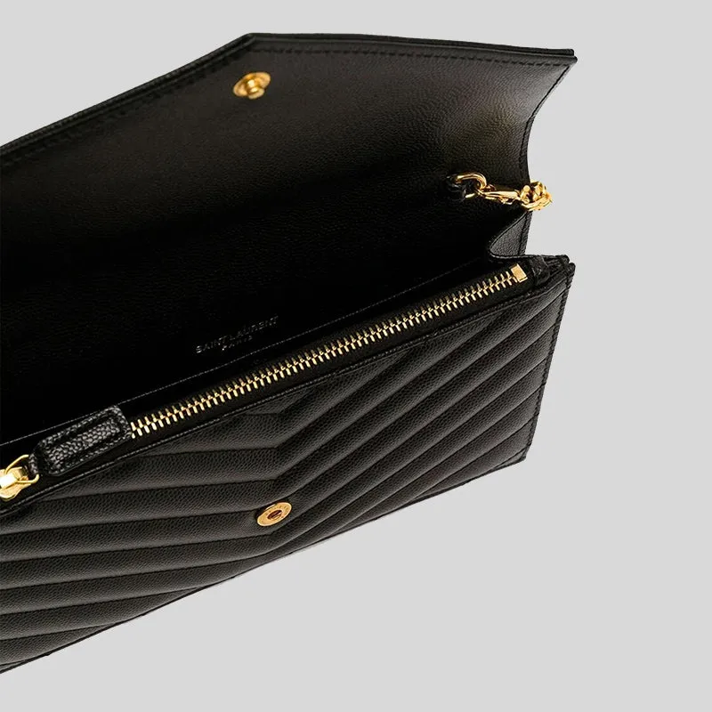SAINT LAURENT YSL Matelasse Envelope Chain Wallet In Grain De Poudre Embossed Leather Black RS-742920BOW01
