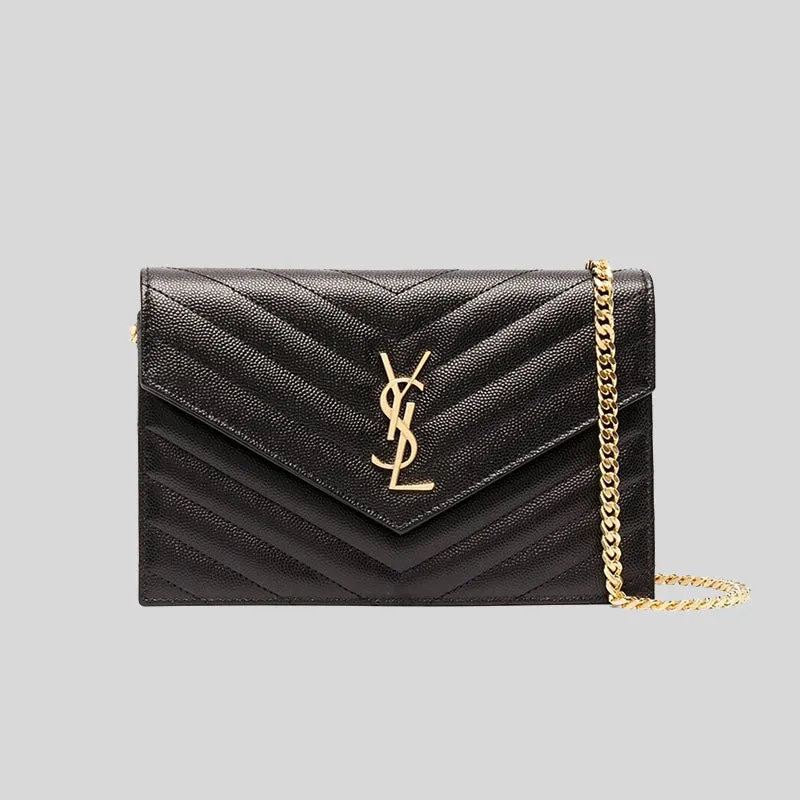 SAINT LAURENT YSL Matelasse Envelope Chain Wallet In Grain De Poudre Embossed Leather Black RS-742920BOW01