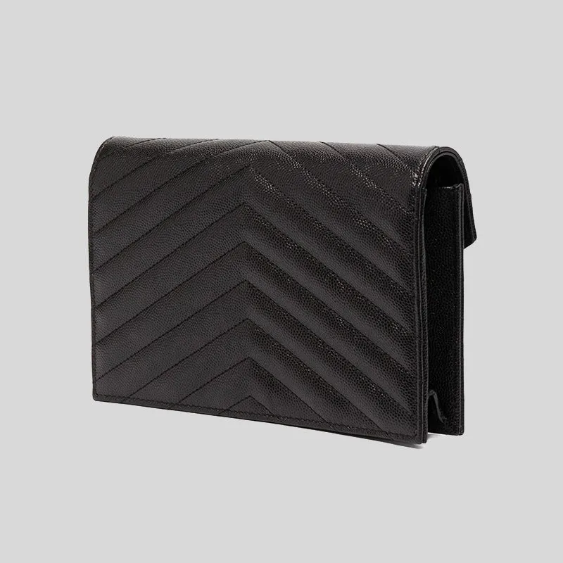 SAINT LAURENT YSL Matelasse Envelope Chain Wallet In Grain De Poudre Embossed Leather Black RS-742920BOW01