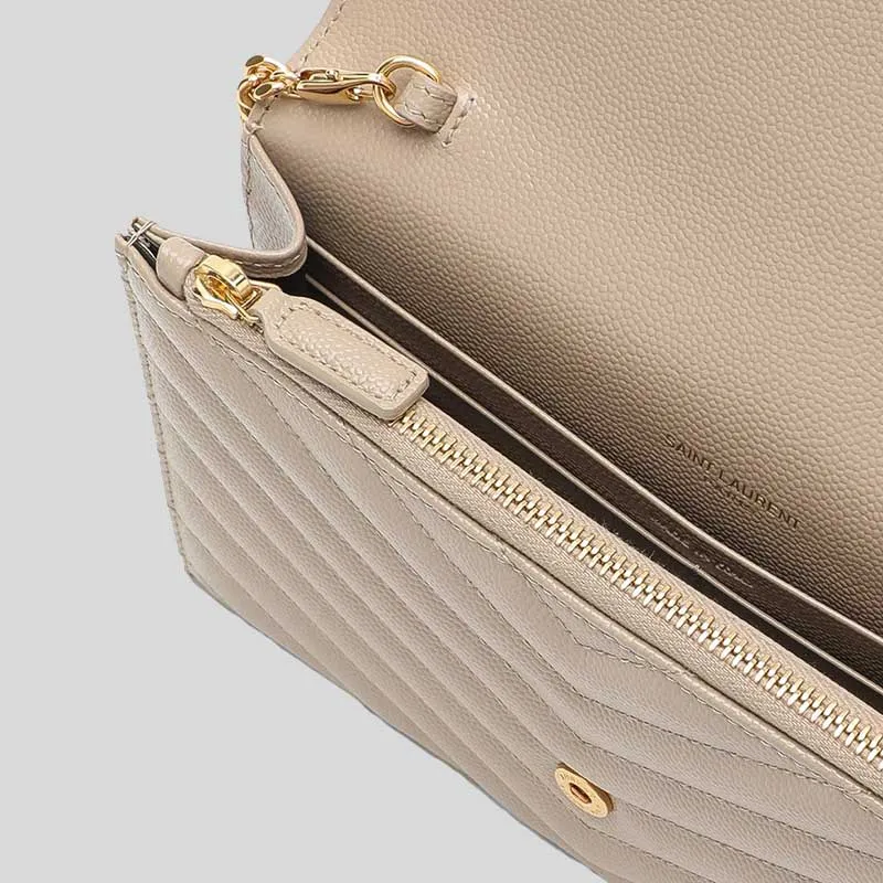 SAINT LAURENT YSL Matelasse Envelope Chain Wallet In Grain De Poudre Embossed Leather Dark Beige/Gold 742920BOW01