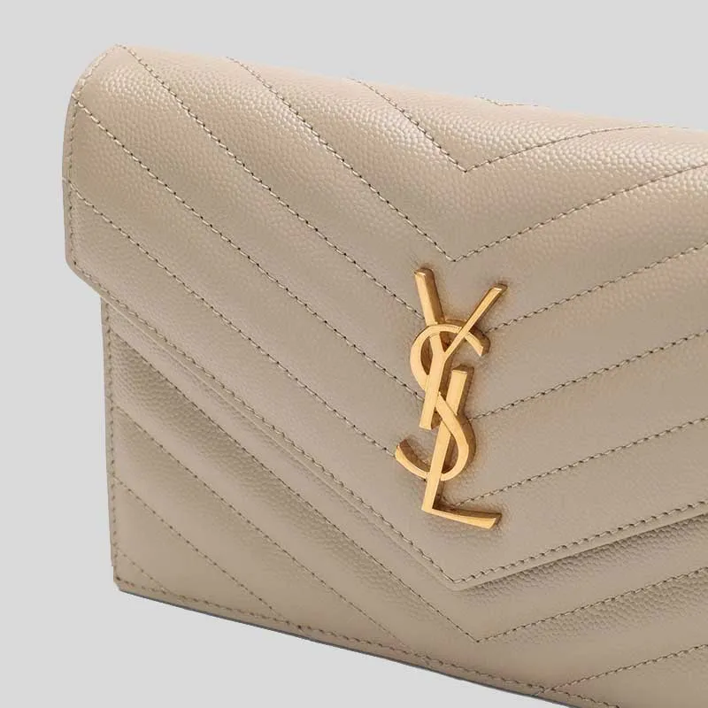 SAINT LAURENT YSL Matelasse Envelope Chain Wallet In Grain De Poudre Embossed Leather Dark Beige/Gold 742920BOW01