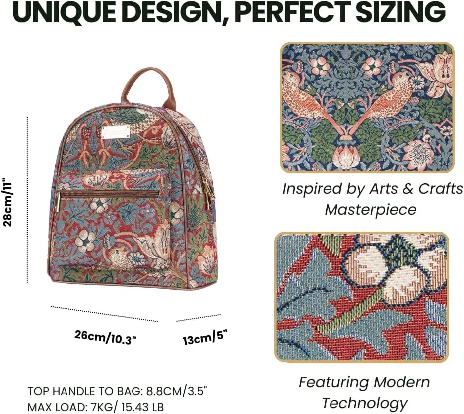 Signare Tapestry Women Backpack Rucksack Casual Daypack Strawberry Thief Red (DAPK-STRD)