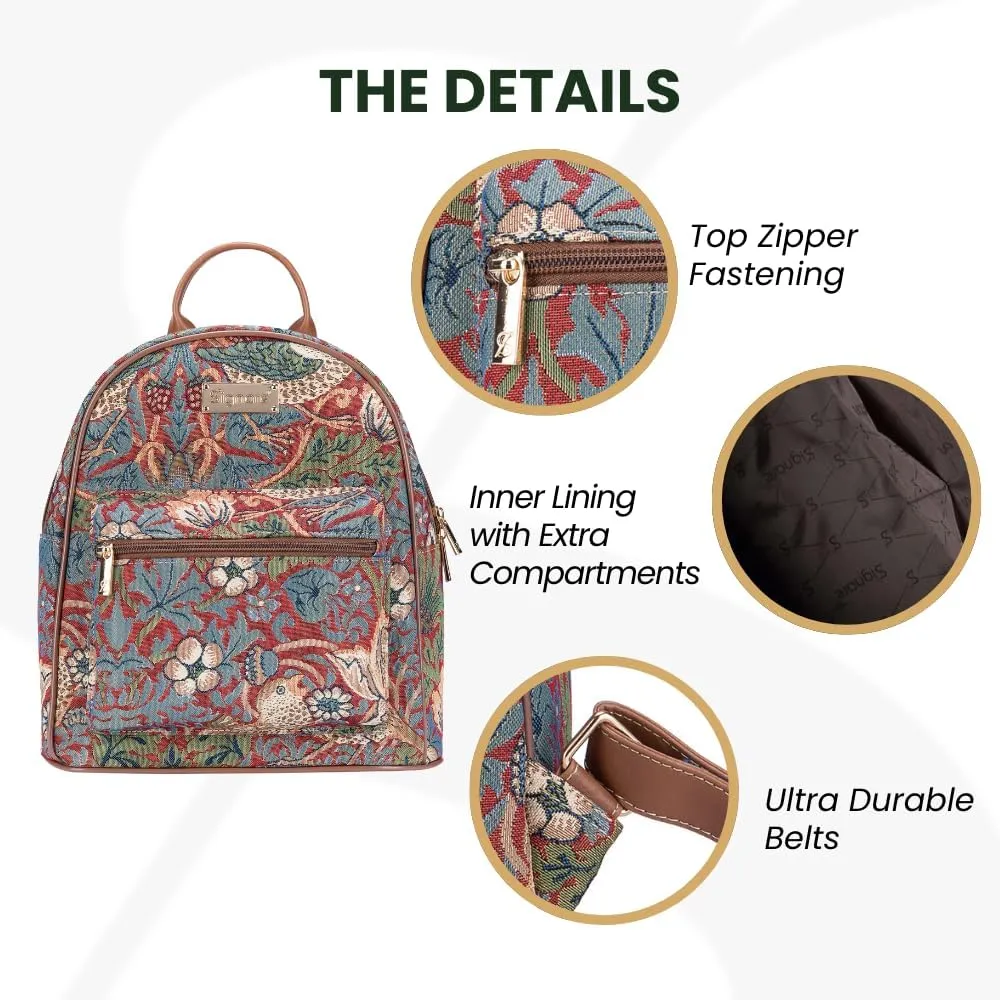 Signare Tapestry Women Backpack Rucksack Casual Daypack Strawberry Thief Red (DAPK-STRD)