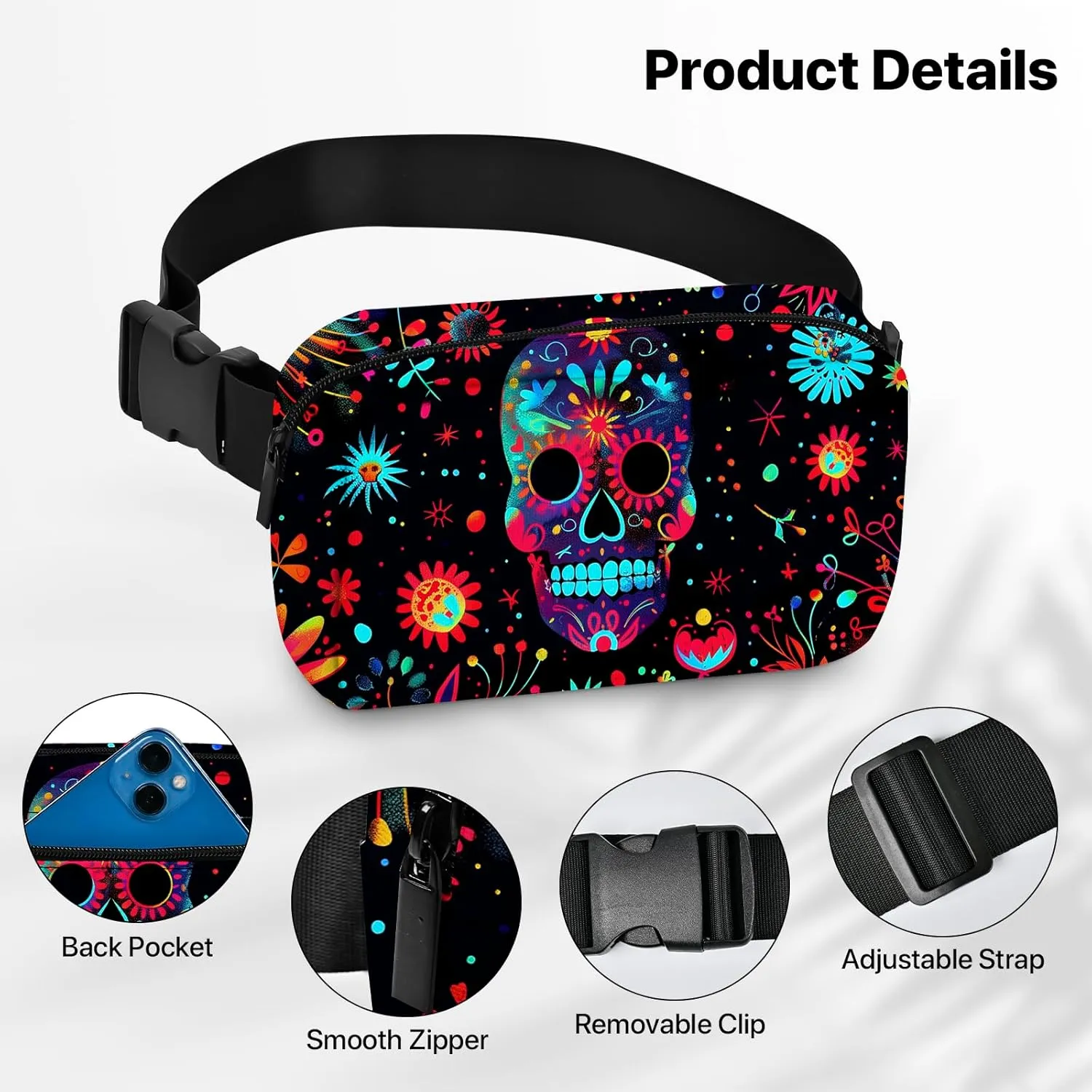 Skull Fanny Pack for Women Men Belt Bag Waterproof Waist Bags With Adjustable Straps Phone Purse Wallet Presents for Travel Sports Workout