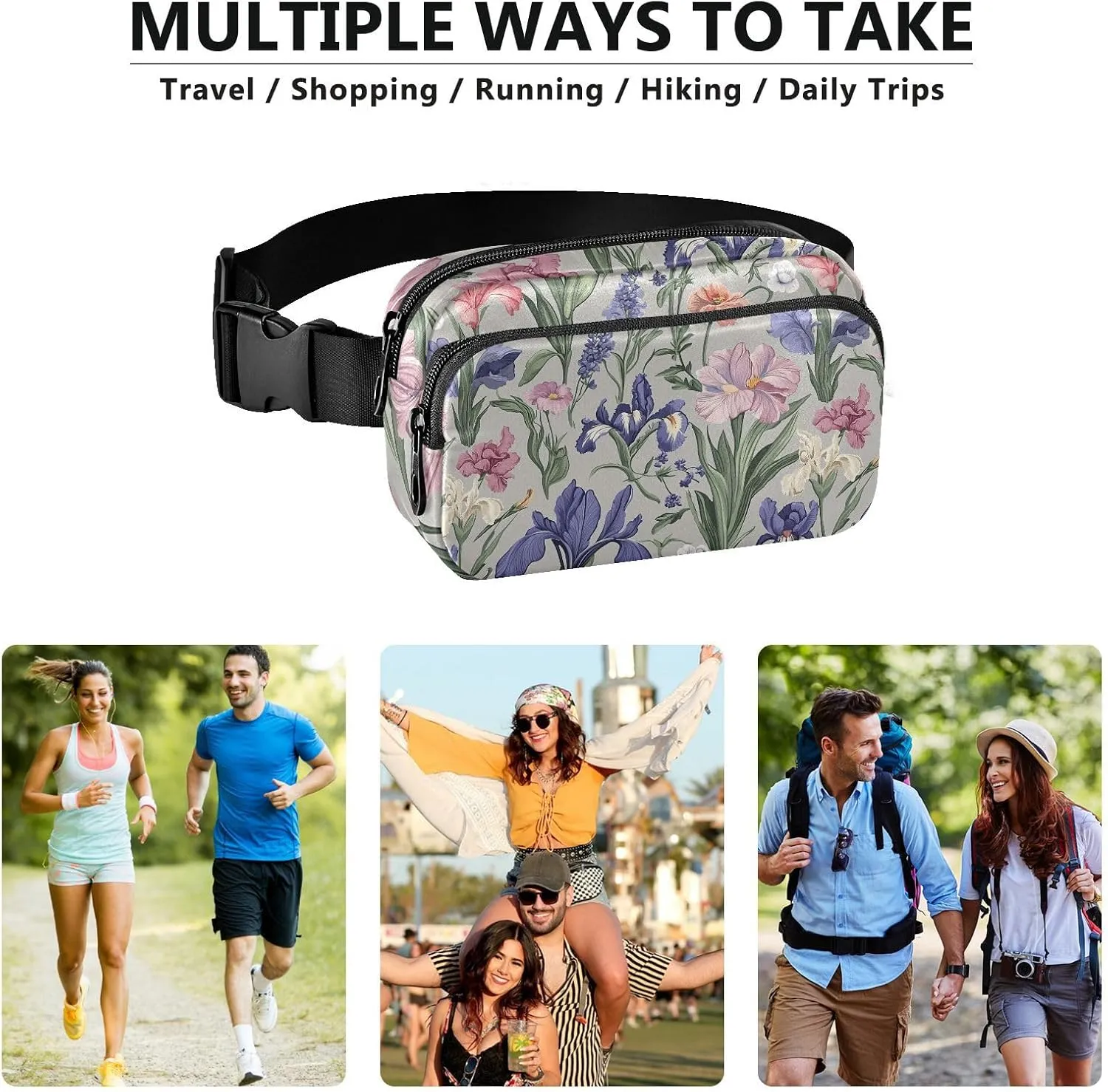 Spring Flowers Lavender Iris Grey Fashionable Fanny Pack Waist Bag for Women Men Teenagers Waterproof Running Belt Bag Waist Pack with Adjustable Strap for Workout Running Hiking