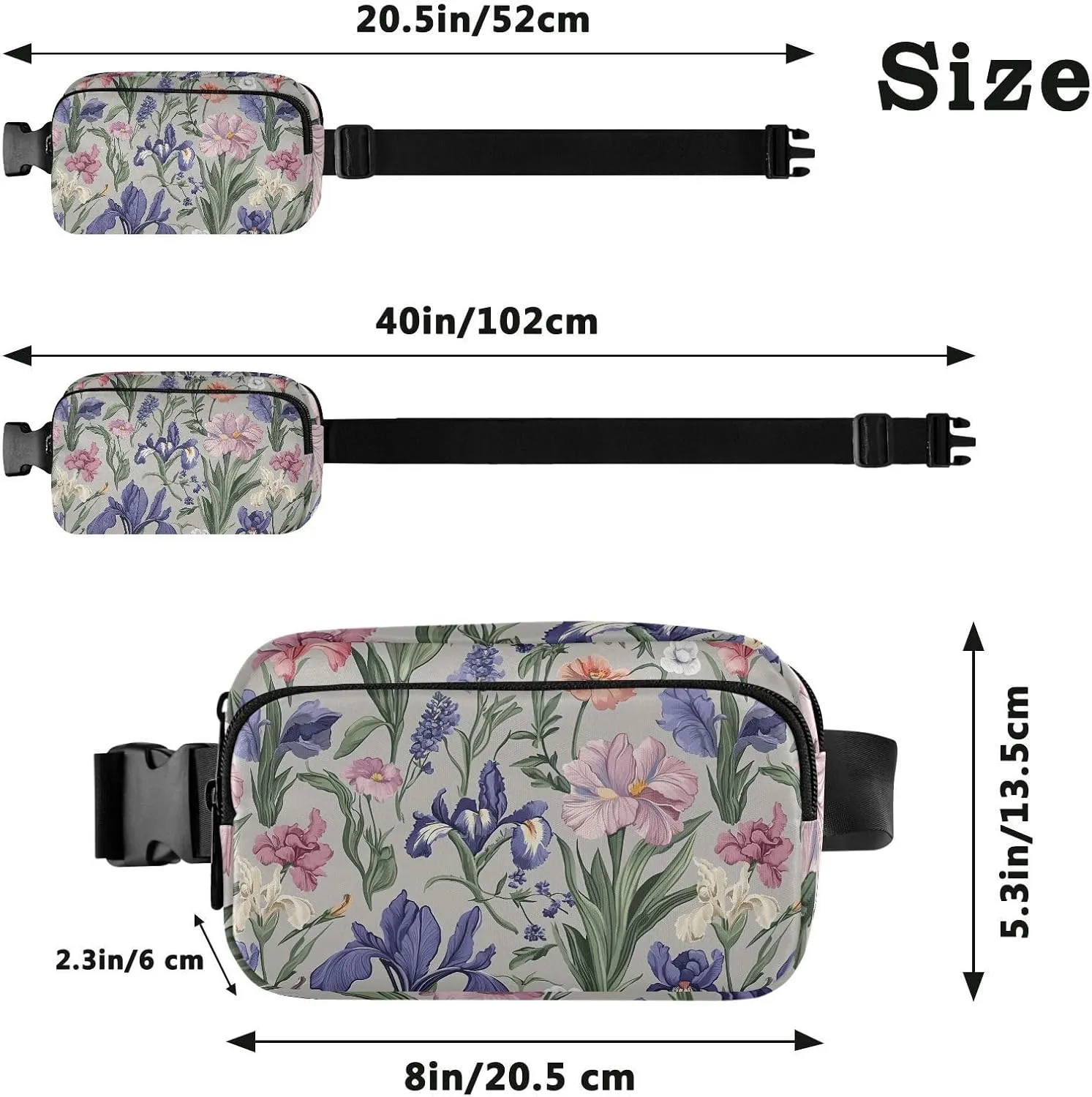 Spring Flowers Lavender Iris Grey Fashionable Fanny Pack Waist Bag for Women Men Teenagers Waterproof Running Belt Bag Waist Pack with Adjustable Strap for Workout Running Hiking