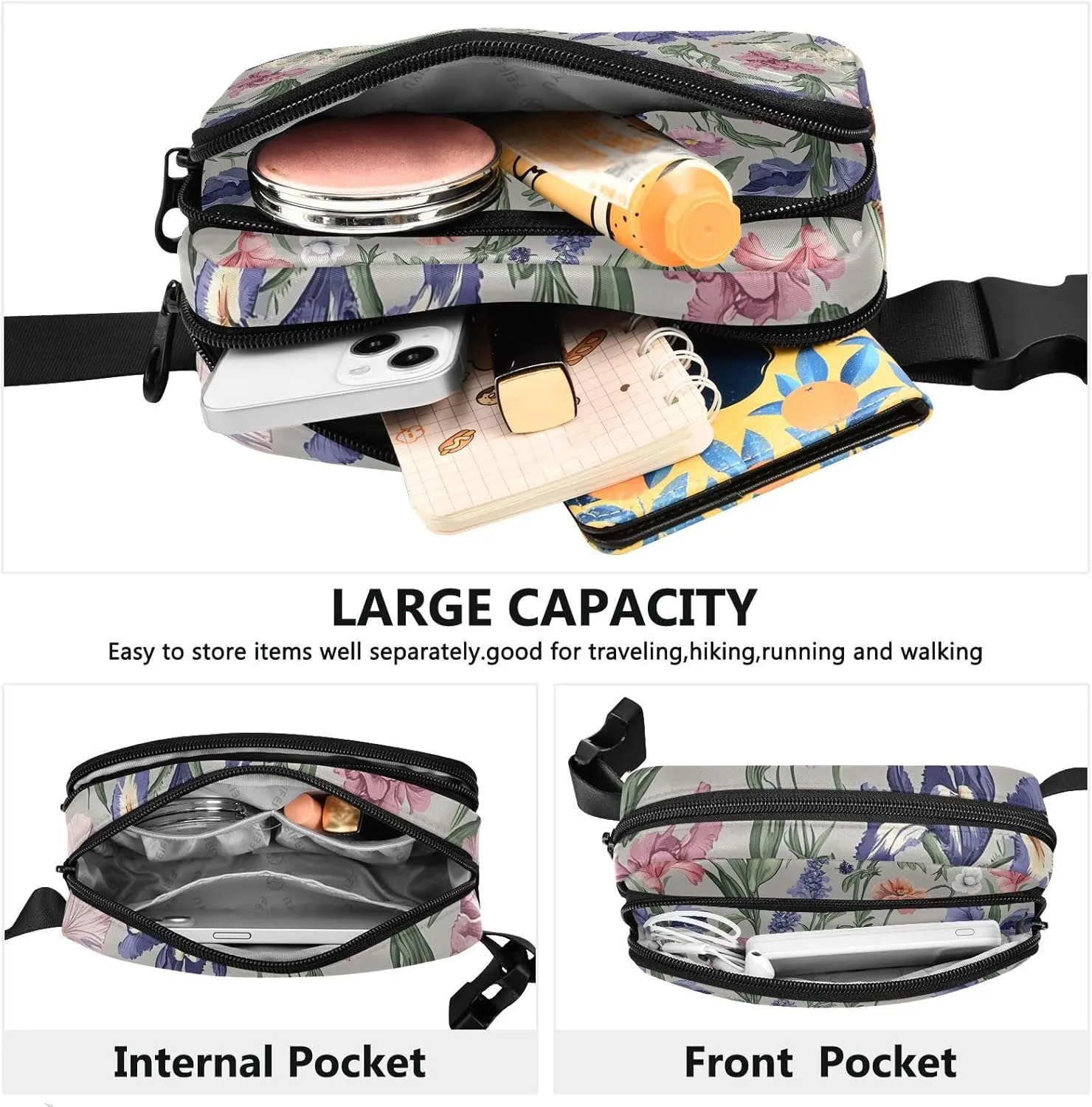 Spring Flowers Lavender Iris Grey Fashionable Fanny Pack Waist Bag for Women Men Teenagers Waterproof Running Belt Bag Waist Pack with Adjustable Strap for Workout Running Hiking
