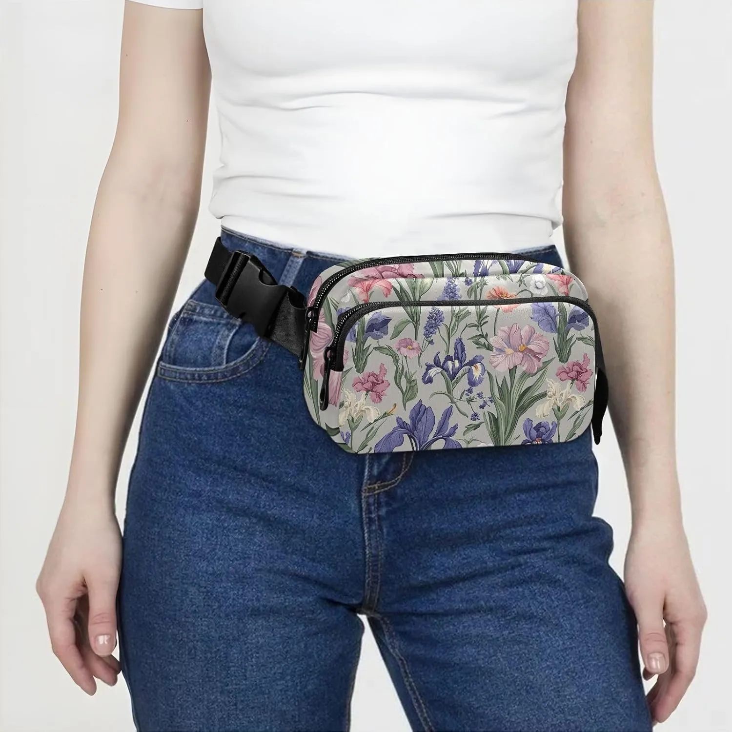 Spring Flowers Lavender Iris Grey Fashionable Fanny Pack Waist Bag for Women Men Teenagers Waterproof Running Belt Bag Waist Pack with Adjustable Strap for Workout Running Hiking