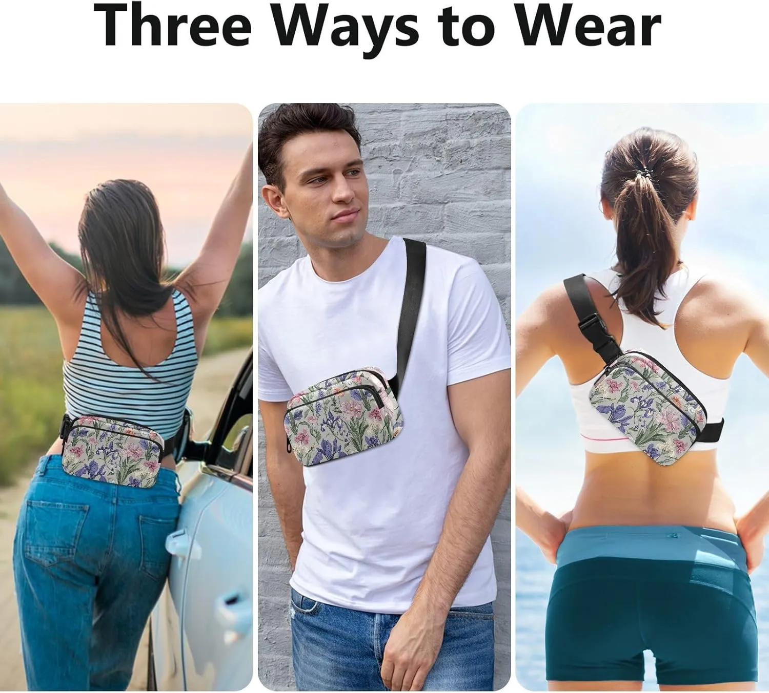 Spring Flowers Lavender Iris Grey Fashionable Fanny Pack Waist Bag for Women Men Teenagers Waterproof Running Belt Bag Waist Pack with Adjustable Strap for Workout Running Hiking