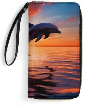 Sunset Dolphin Wallet Large Capacity Leather Wallet Zip Around Phone Clutch Travel Purse for Men Women