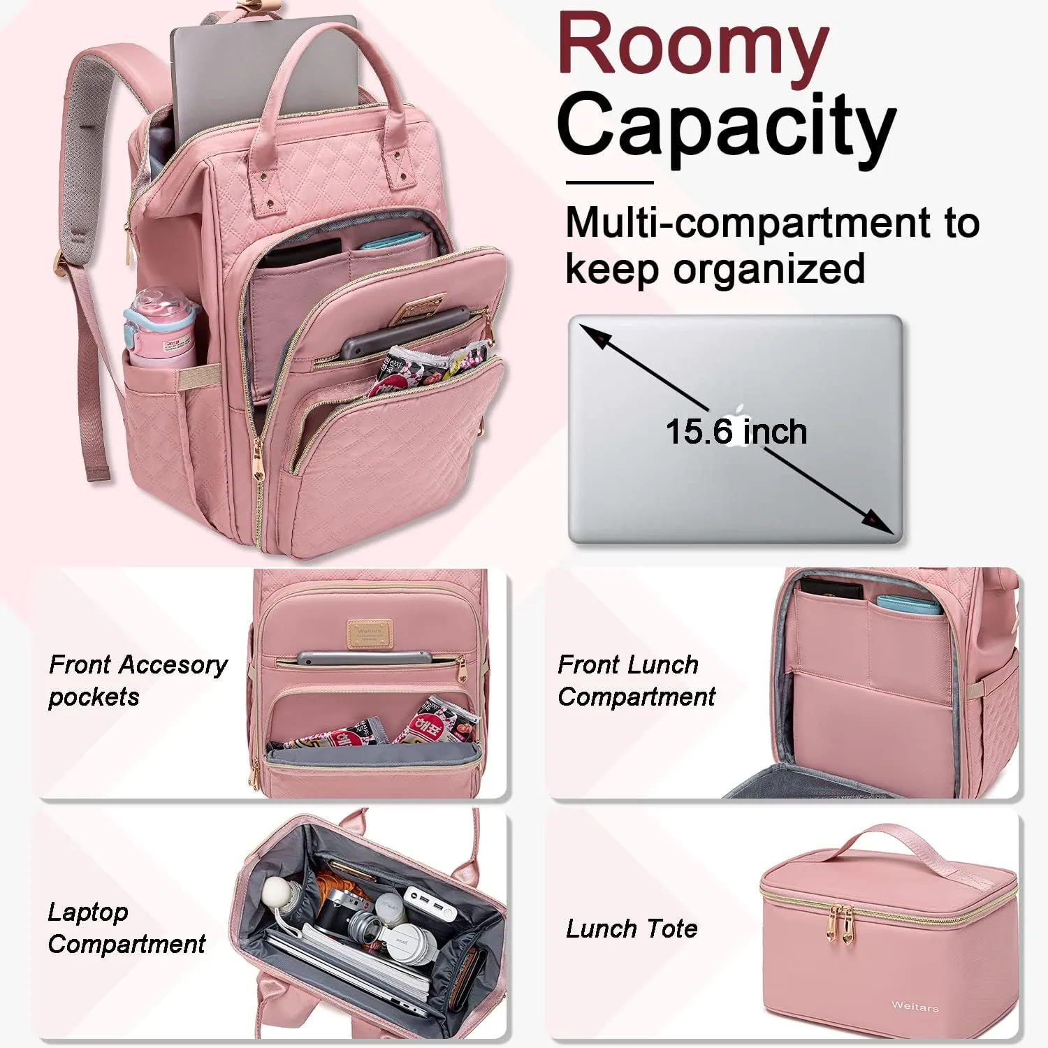 Weitars Lunch Backpack For Women,15.6 Inch Laptop Backpacks For Womens Back pack, Travel Backpacks,Work Backpack For Women (Pink)