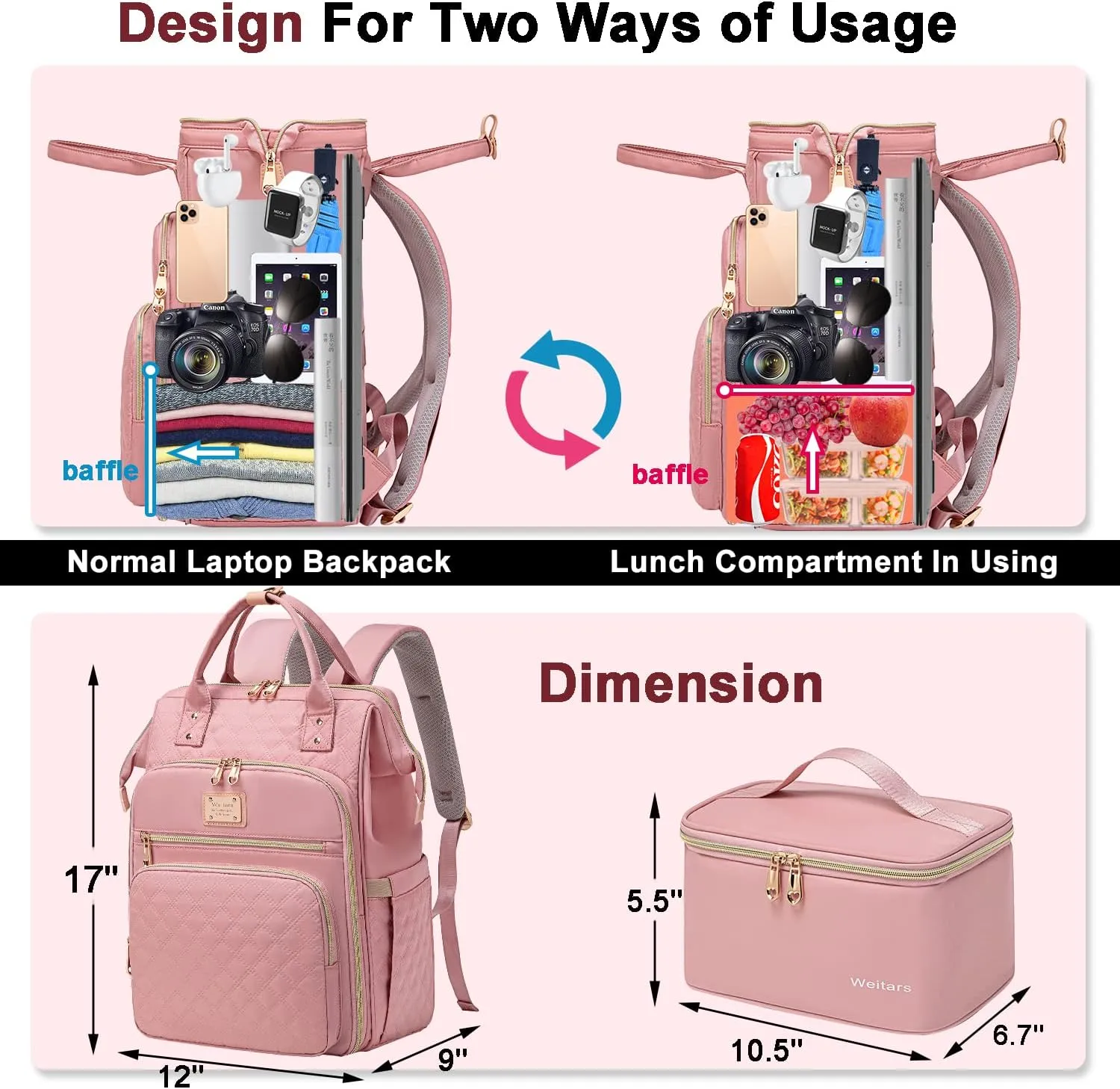 Weitars Lunch Backpack For Women,15.6 Inch Laptop Backpacks For Womens Back pack, Travel Backpacks,Work Backpack For Women (Pink)